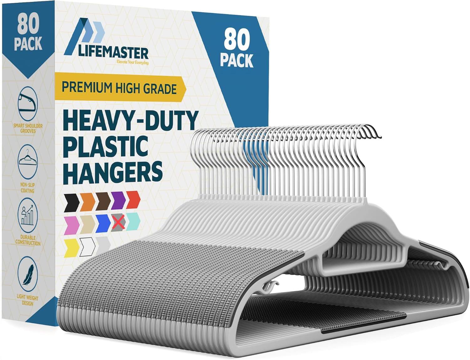 80 PACK 80 LIFEMASTER Elevate Your Everyday PACK PREMIUM HIGH GRADE SMART SHOULDER GROOVES HEAVY-DUTY PLASTIC NON-SLIP HANGERS COATING DURABLE CONSTRUCTION X LIGHT WEIGHT DESIGN