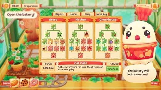 08:00 Open the bakery  
Report | Menu | Shop | Kitchen | Next Day | Greenhouse  
Funds: 5,982.53  
Cat Cafe: 135.00  
Add cozy furniture for cats! They'll visit your store every day  
Purchase  
The bakery will look awesome!