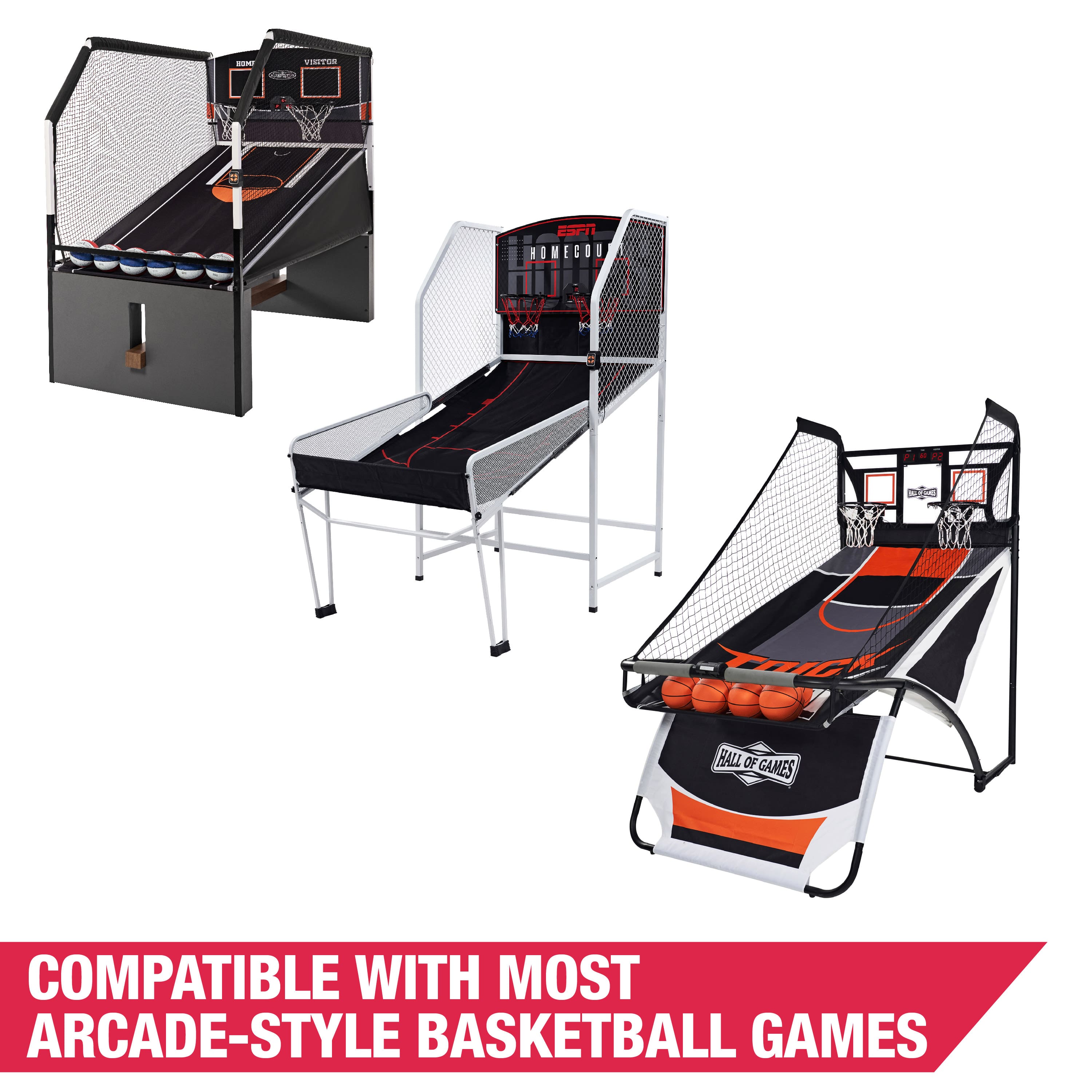 The text on the image reads: "Compatible with most arcade-style basketball games."