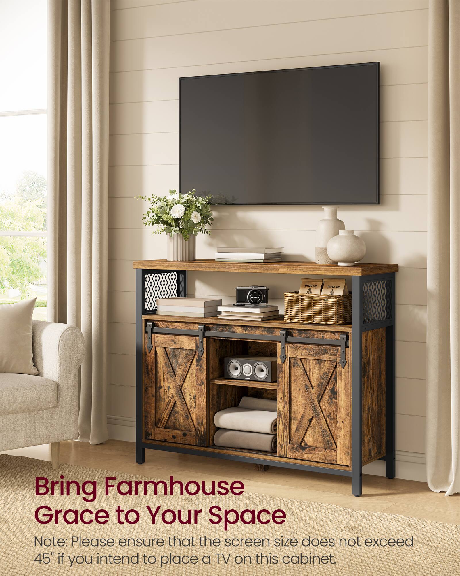 Bring Farmhouse Grace to Your Space

Note: Please ensure that the screen size does not exceed 45" if you intend to place a TV on this cabinet.