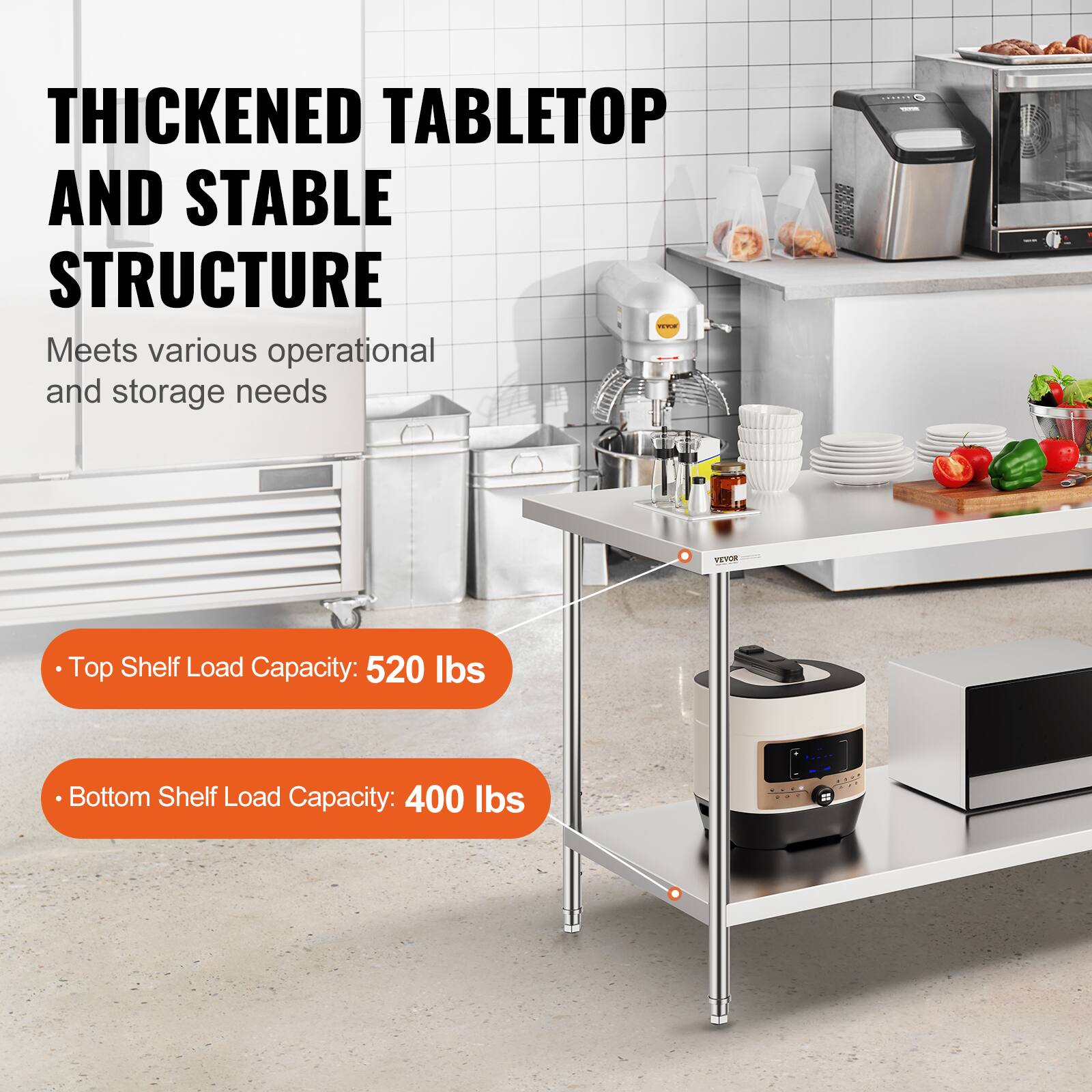 THICKENED TABLETOP AND STABLE STRUCTURE
Meets various operational and storage needs

Top Shelf Load Capacity: 520 lbs
Bottom Shelf Load Capacity: 400 lbs