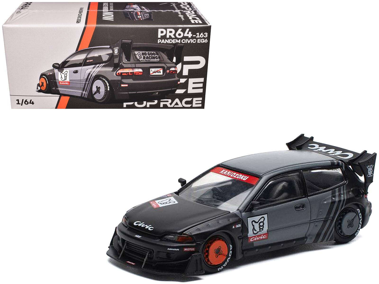 Pandem Civic EG6 RHD (Right Hand Drive) "Kanjozoku" with Graphics 1/64 Diecast Model Car by Pop Race - Matt Black and Gray