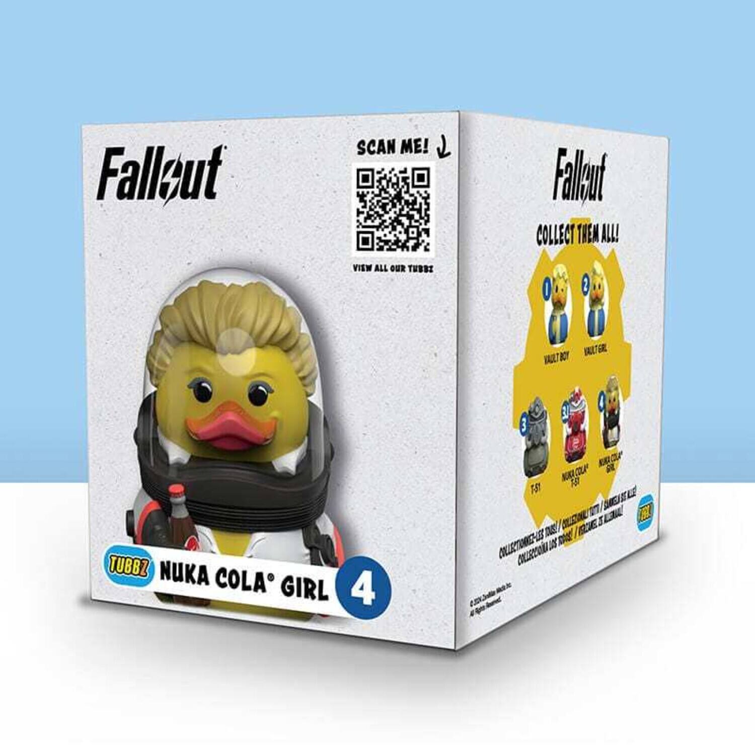 Sure, here is the corrected and grouped text:

---

**Fallout**

- **SCAN ME!**
- **COLLECT THEM ALL!**
- **VIEW ALL OUR TUBBZ**

**VAULT BOY**
**NUKA COLA GIRL**

**TUBBZ**
**NUKA COLA GIRL** 4

**TUBBZ**
**NUKA COLA** 3

**TUBBZ**
**FS1** 2

**TUBBZ**
**LITTLE SUE** 1

**COLLECTOR'S ITEM**

---

This text is likely from a promotional card for the "Fallout" Tubbz collectibles.