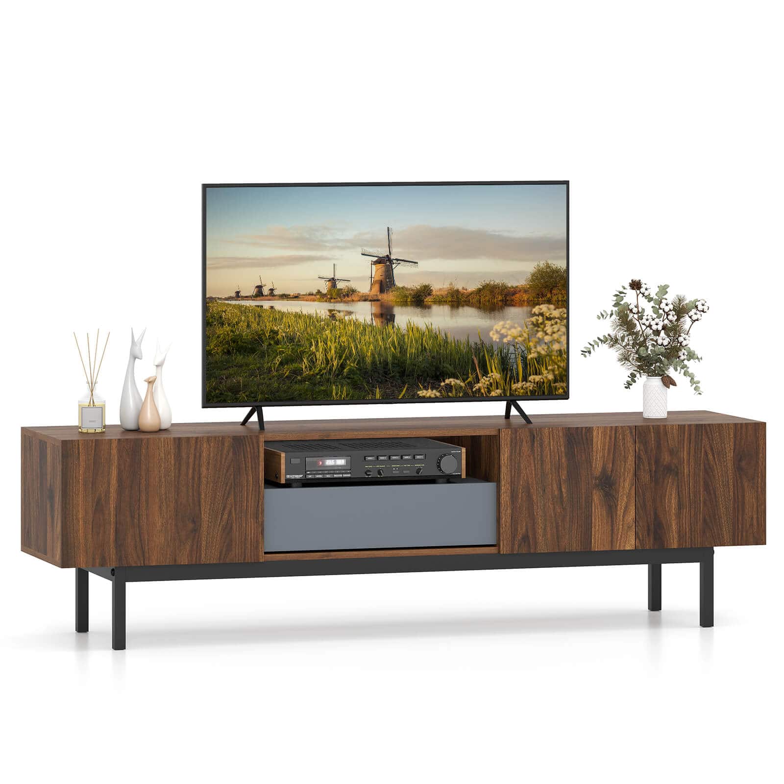 Costway - TV Stand for TVs up to 80" with Drawer Cable Hole Metal Legs Entertainment Center - Walnut,Gray