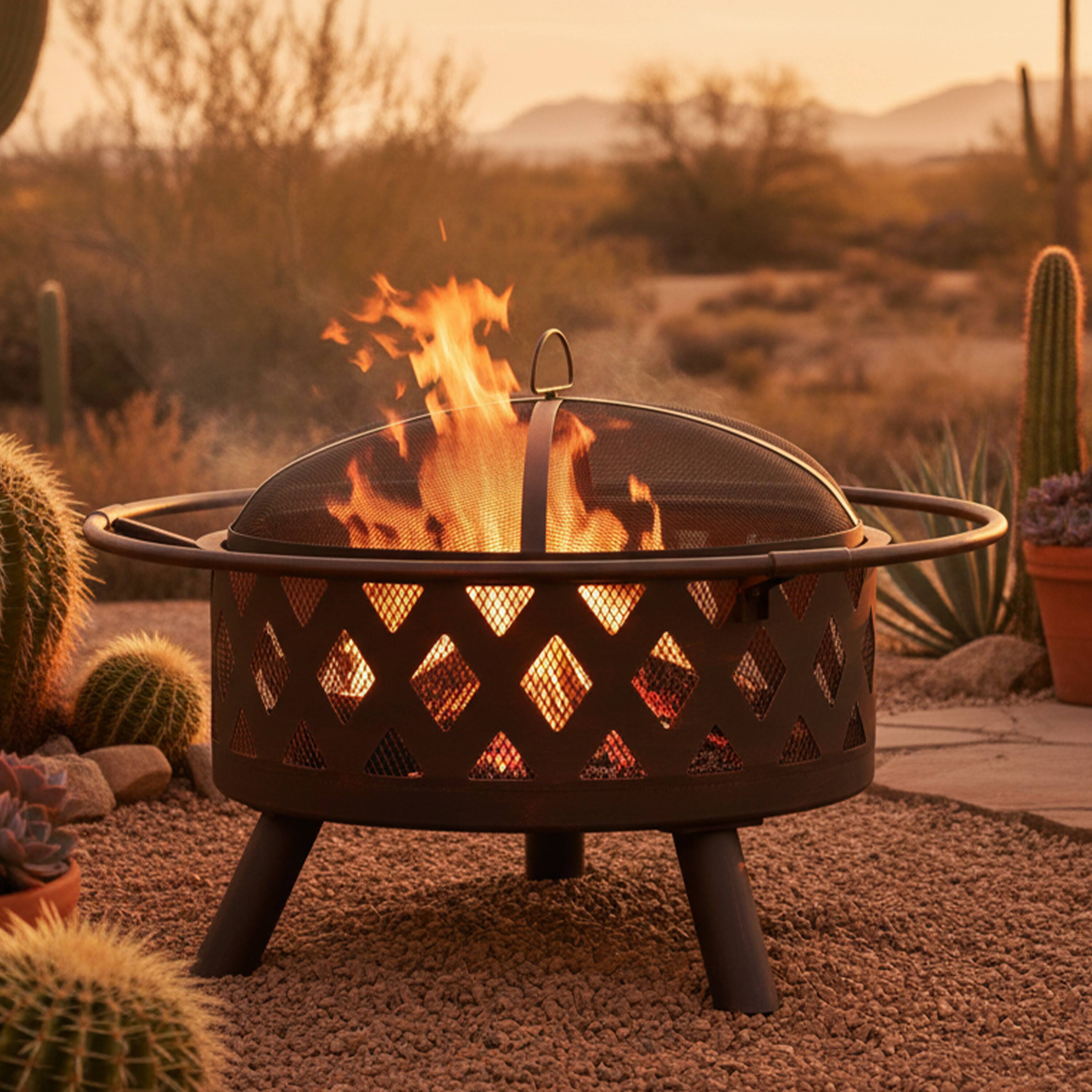 Alt View 1. Sunnydaze - 30 in Crossweave Steel Fire Pit with Screen and Poker - Bronze.