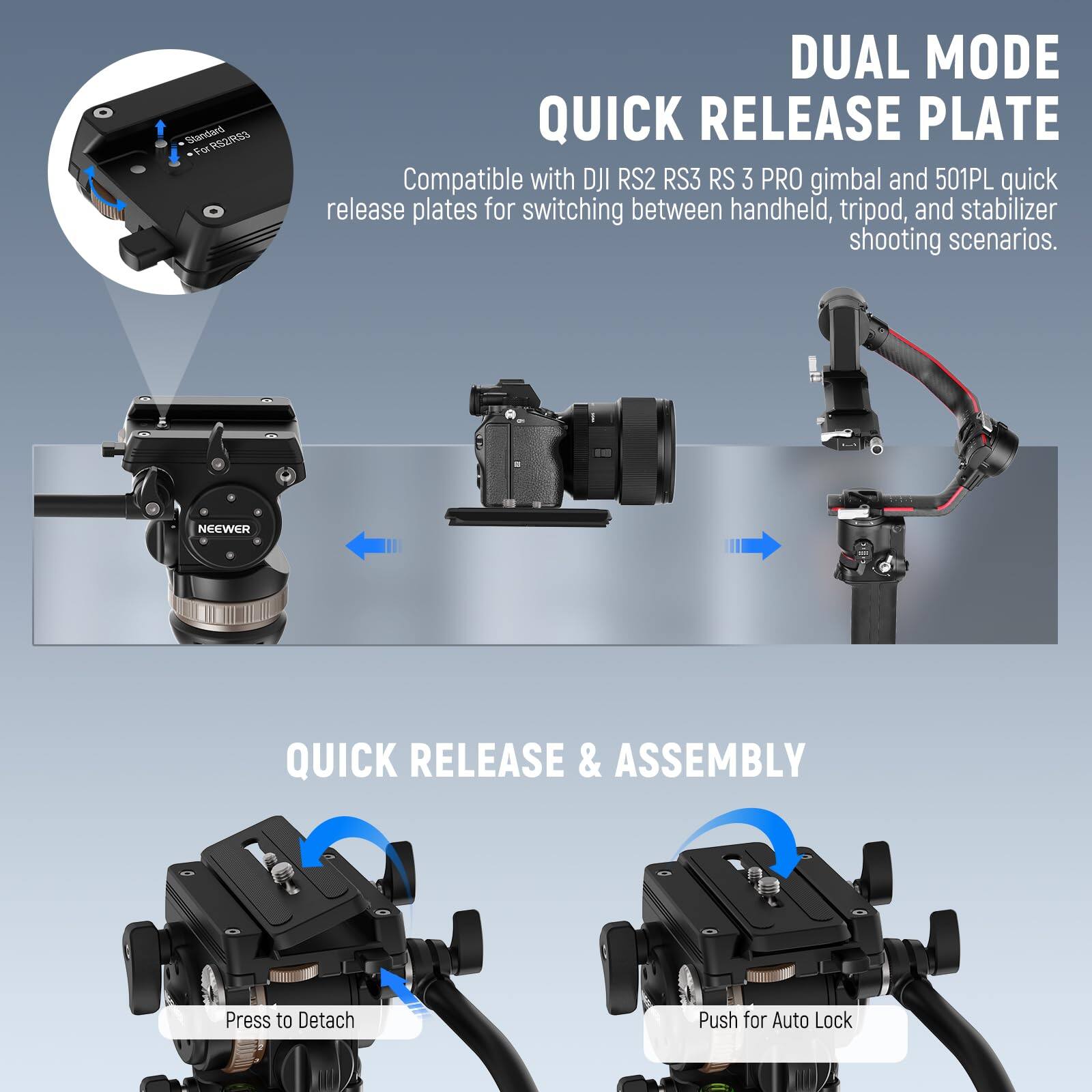 Sondard COMER DUAL MODE QUICK RELEASE PLATE  
Compatible with DJI RS2 RS3 RS 3 PRO gimbal and 501PL quick release plates for switching between handheld, tripod, and stabilizer shooting scenarios.  
NEEWER QUICK RELEASE & ASSEMBLY  
Press to Detach  
Push for Auto Lock