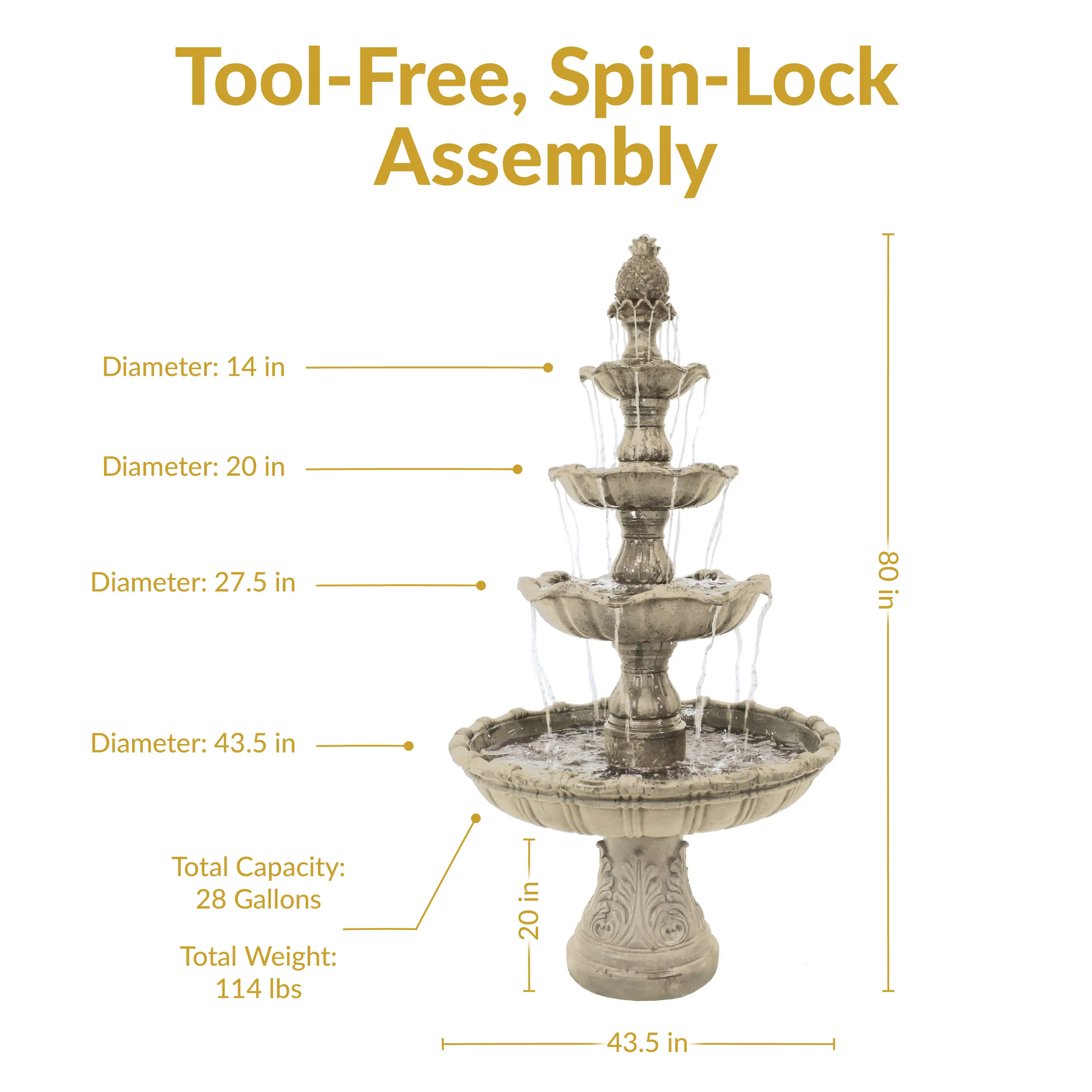 Tool-Free, Spin-Lock Assembly

- Diameter: 14 in
- Diameter: 20 in
- Diameter: 27.5 in
- Diameter: 43.5 in
- Total Capacity: 28 Gallons
- Total Weight: 114 lbs
- Height: 80 in