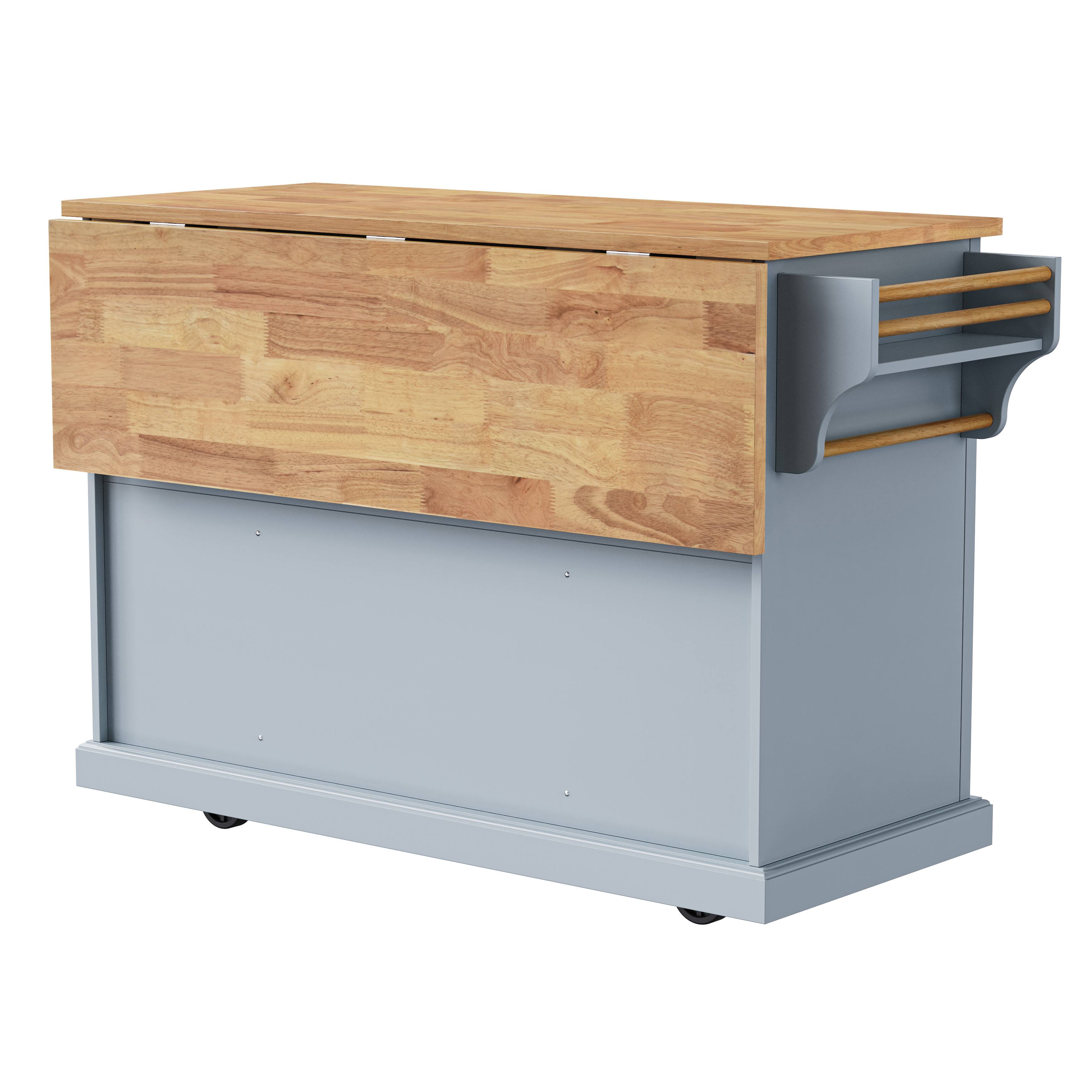 Alt View 1. Forest'nSky - 54" Large Rolling Kitchen Island with Rubber Wood Drop Leaf, Embossed Texture, 4 Doors, and 3 Drawers, Grey Blue - Grey Blue.