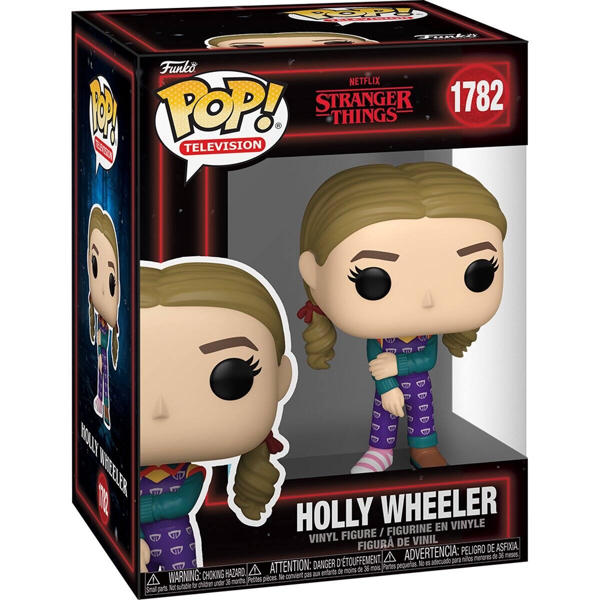 Sure, here is the corrected and grouped text from the image:

---

**Front:**
- **Funko POP!**
- **TELEVISION**
- **NETFLIX STRANGER THINGS**
- **1782**
- **HOLLY WHEELER**
- **VINYL FIGURE / FIGURINE EN VINYLE / FIGURA DE VINIL**
- **WARNING: CHOKING HAZARD - Small parts. Not suitable for children under 36 months.**
- **ATTENTION: PEQUÉS PIECES. NO ES ADECUADO PARA NIÑOS MENORES DE 36 MESES.**
- **ADVERTENCIA: PEQUEÑAS PIEZAS. NO ES ADECUADO PARA NIÑOS MENORES DE 36 MESES.**

**Side:**
- **Funko POP!**
- **TELEVISION**
- **HOLLY WHEELER**

**Bottom:**
- **WARNING: CHOKING HAZARD - Small parts. Not suitable for children under 36 months.**
- **ATTENTION: PEQUÉS PIECES. NO ES ADECUADO PARA NIÑOS MENORES DE 3