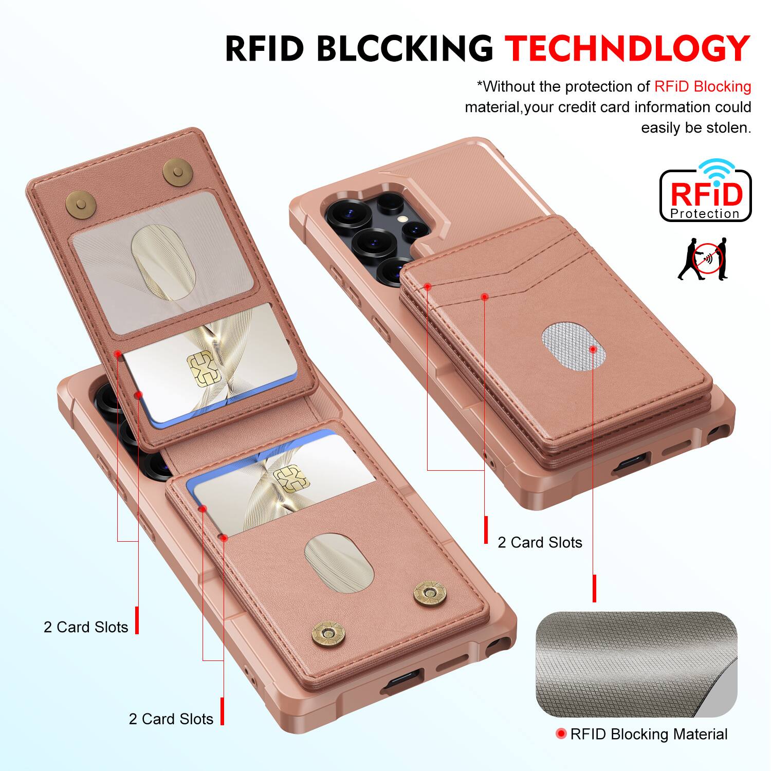 RFID BLOCKING TECHNOLOGY

*Without the protection of RFID Blocking material, your credit card information could easily be stolen.

RFID Protection

2 Card Slots

2 Card Slots

2 Card Slots

RFID Blocking Material