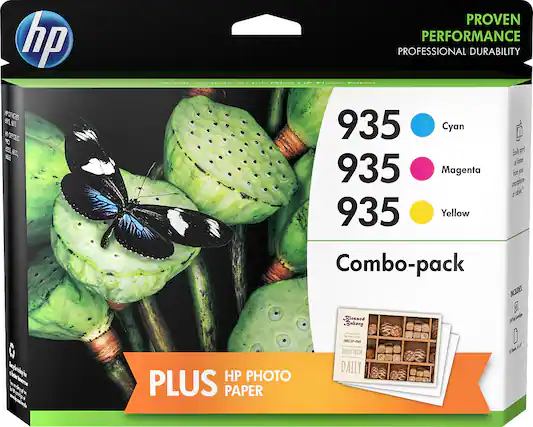 Front. HP - 935 3-Pack Standard Capacity Ink Cartridges + Photo Paper - Cyan/Magenta/Yellow.