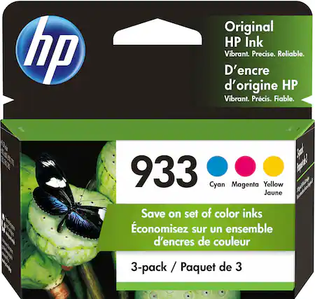 Front. HP - 933 3-Pack Standard Capacity Ink Cartridges - Cyan/Magenta/Yellow.