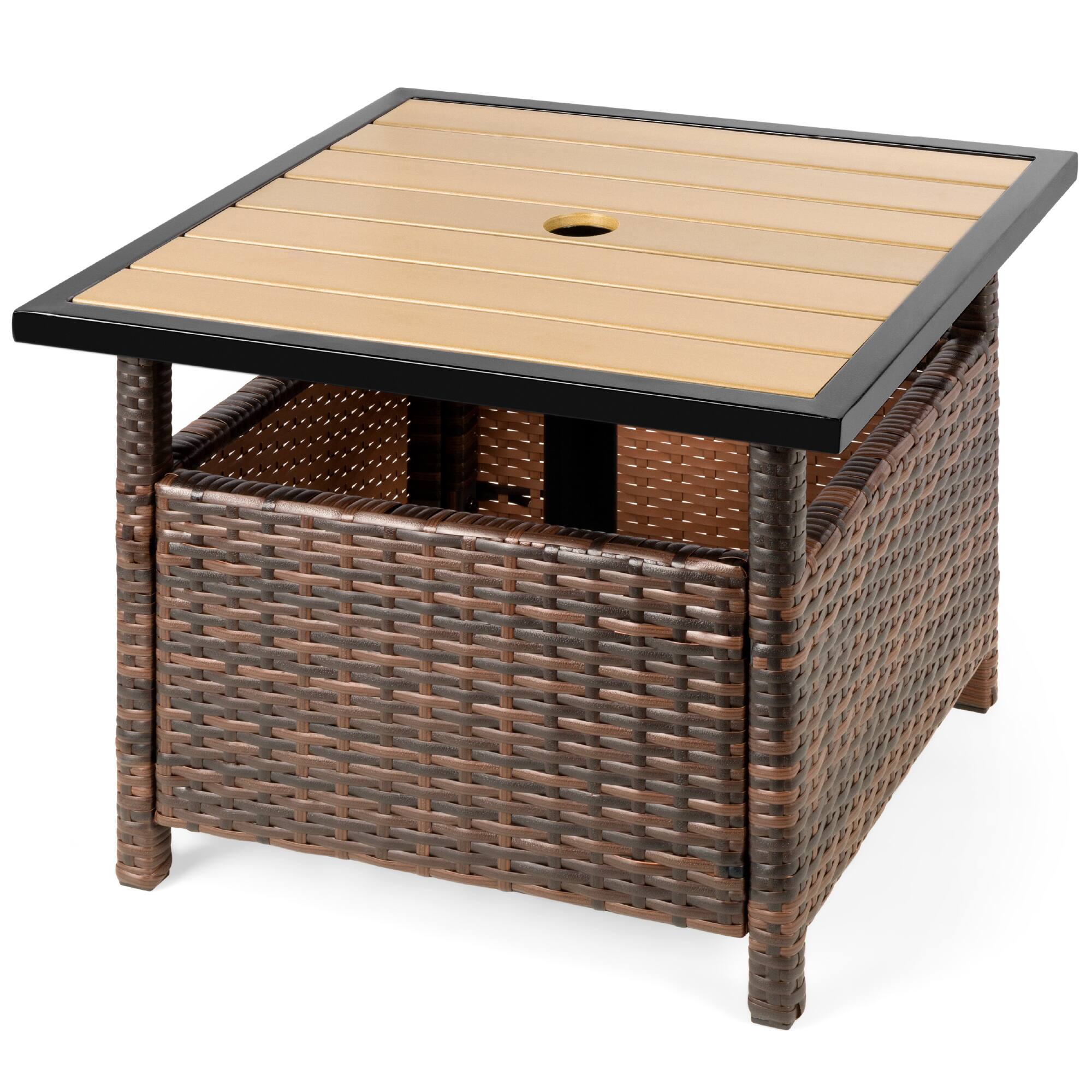 Front. Best Choice Products - Best Choice Products Wicker Rattan Patio Side Table Outdoor Furniture for Garden, Pool, Deck w/ Umbrella Hole - Brown - Brown.