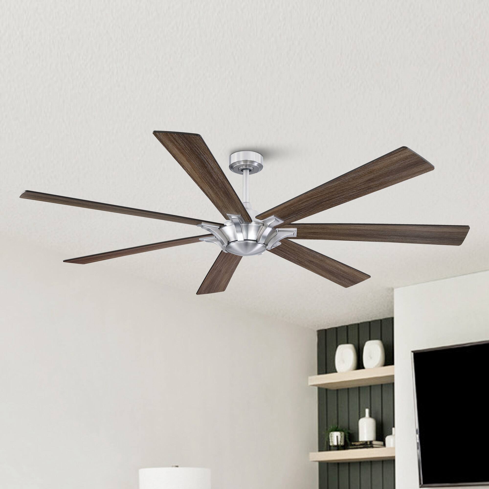 Left. Parrot Uncle - 72" Farmhouse Oak Wooden 7-Blade Reversible Windmill Ceiling Fan without Light - Brushed Nickel.