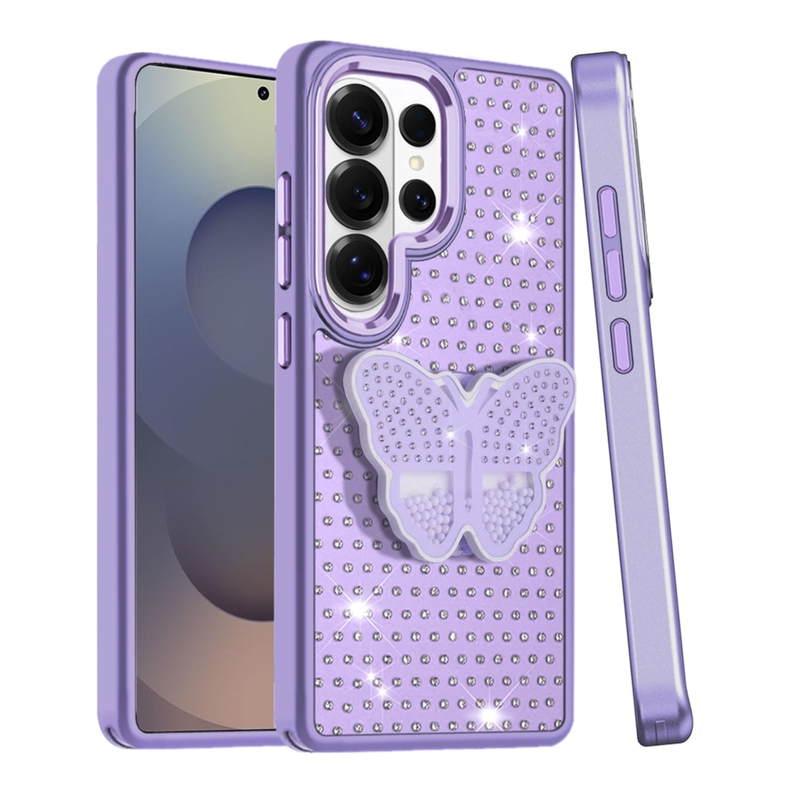 Kitcheniva - Faux Crystals Butterfly Grip Stand Phone Case With Tempered Glass For Samsung Galaxy S25 Ultra - Purple price history on PriceWatchPro