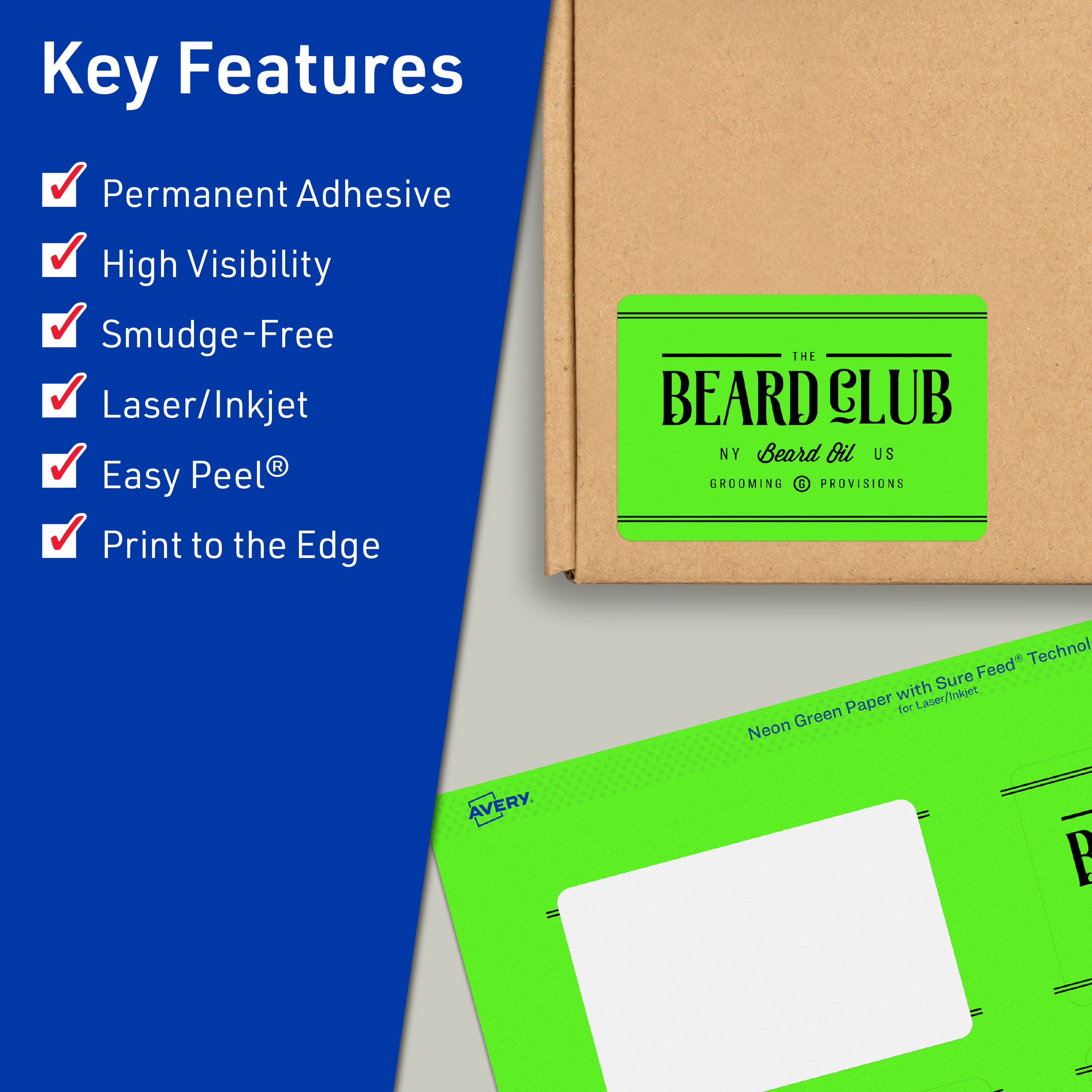 Key Features  
- Permanent Adhesive  
- High Visibility  
- Smudge-Free  
- Laser/Inkjet  
- Easy Peel®  
- Print to the Edge  

THE BEARD CLUB  
NY Beard Oil US  
GROOMING & PROVISIONS  

Neon Green Paper with Sure Feed® Technology for Laser/Inkjet  

AVERY