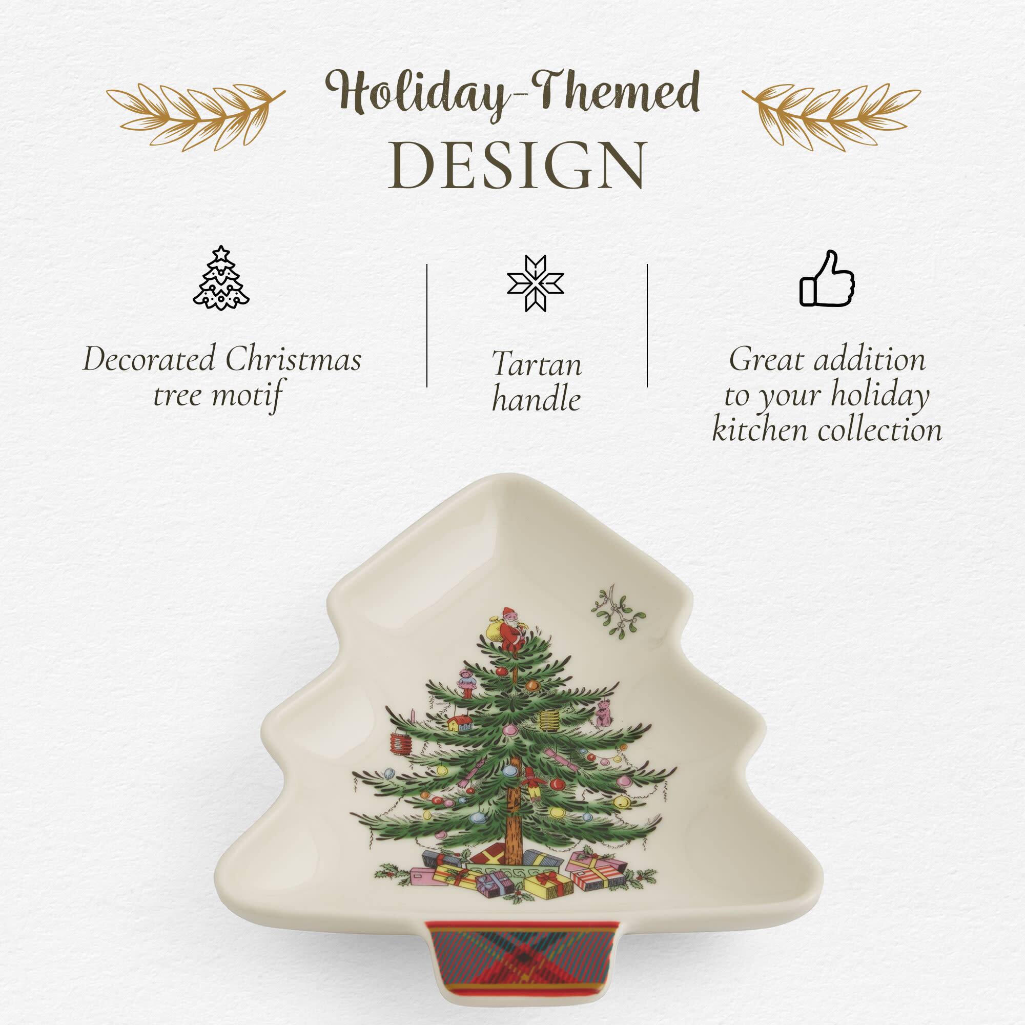 Holiday-Themed DESIGN  
Decorated Christmas tree motif  
Tartan handle  
Great addition to your holiday kitchen collection