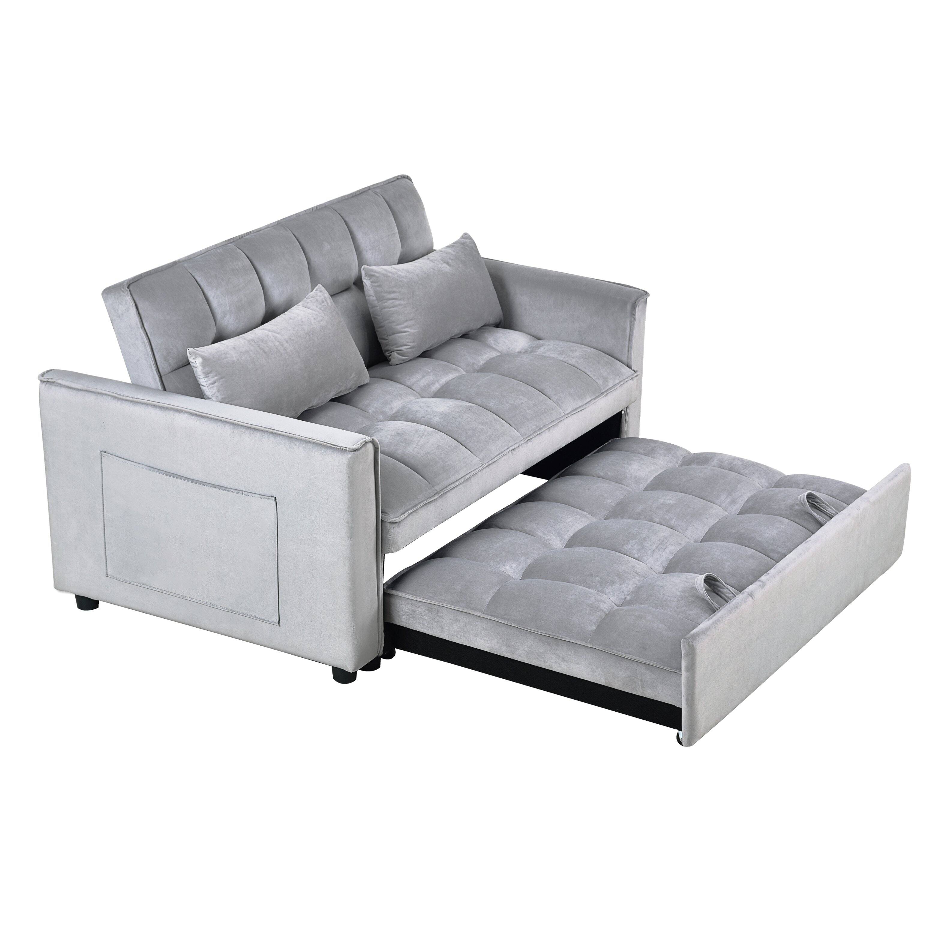 Alt View 4. Tiramisubest - 3 in 1 Velvet Loveseat Futon Sofa Bed with Adjustable Backrest,Pillows & Pockets for Living Room,Apartment,Grey - Cement Grey.