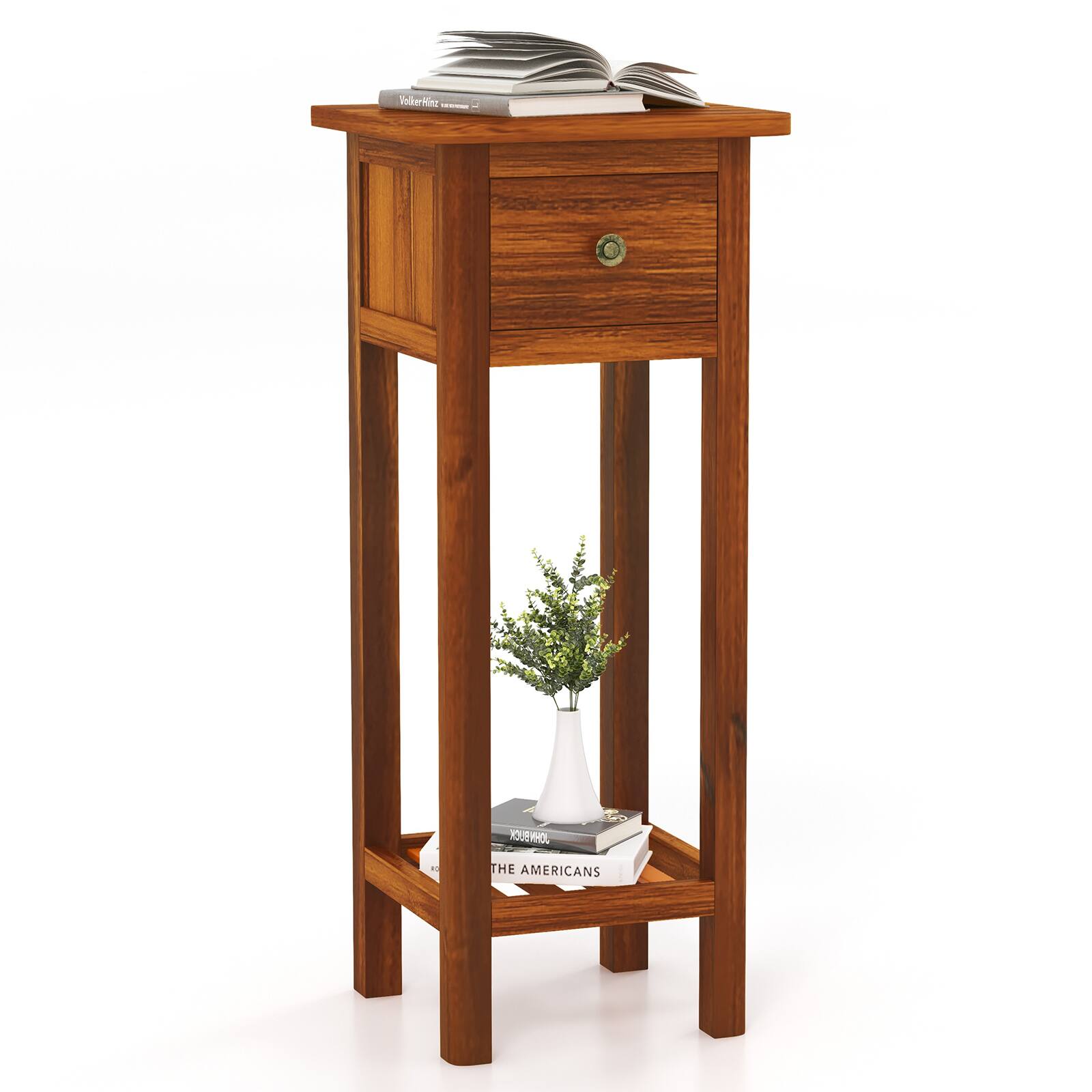 Costway - Solid Wood Side Table with Acacia Wood Top Drawer & Open Shelf Small Nightstand - Natural