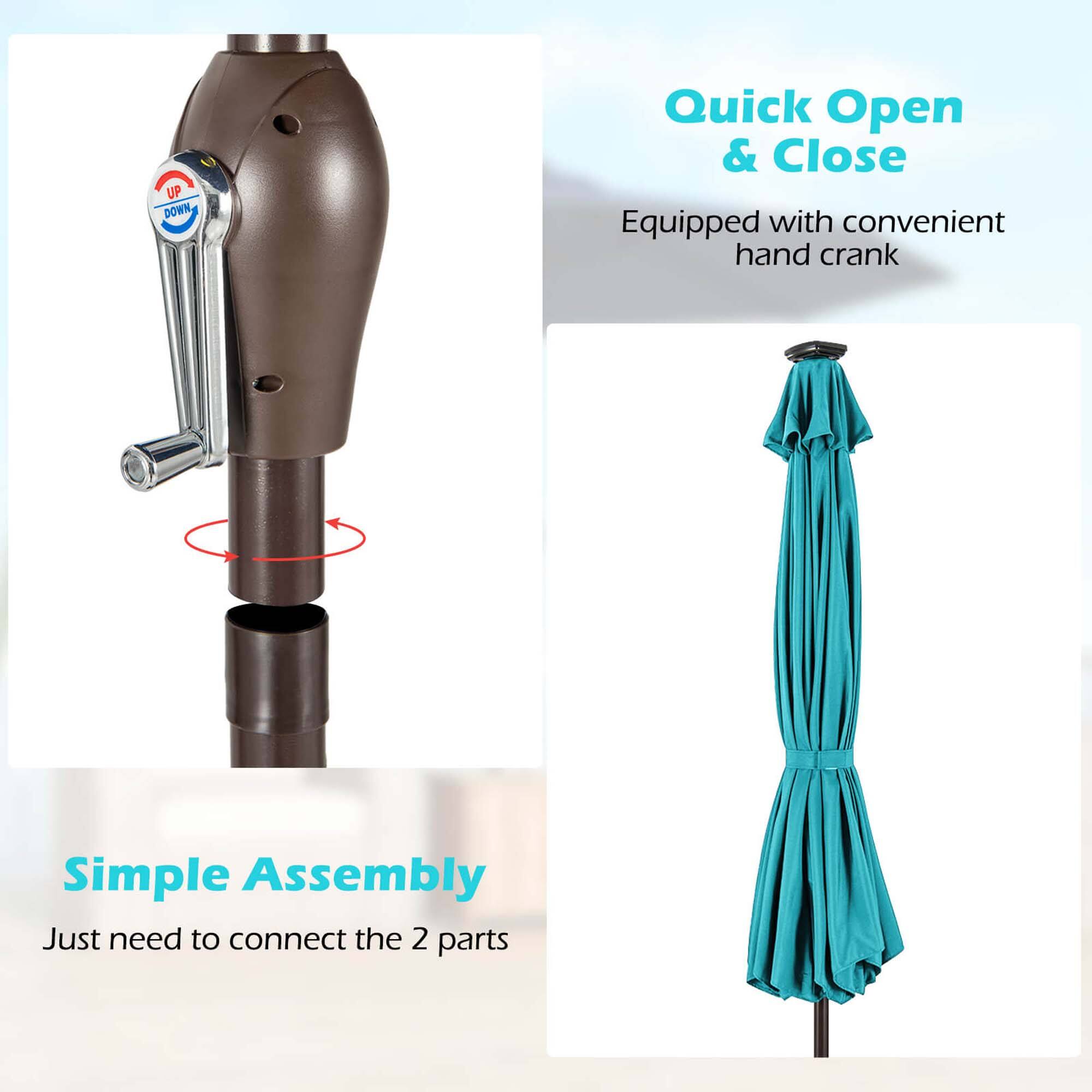 The text on the image is grouped as follows:

1. "UP DOWN"
2. "Quick Open & Close"
3. "Equipped with convenient hand crank"
4. "Simple Assembly"
5. "Just need to connect the 2 parts"