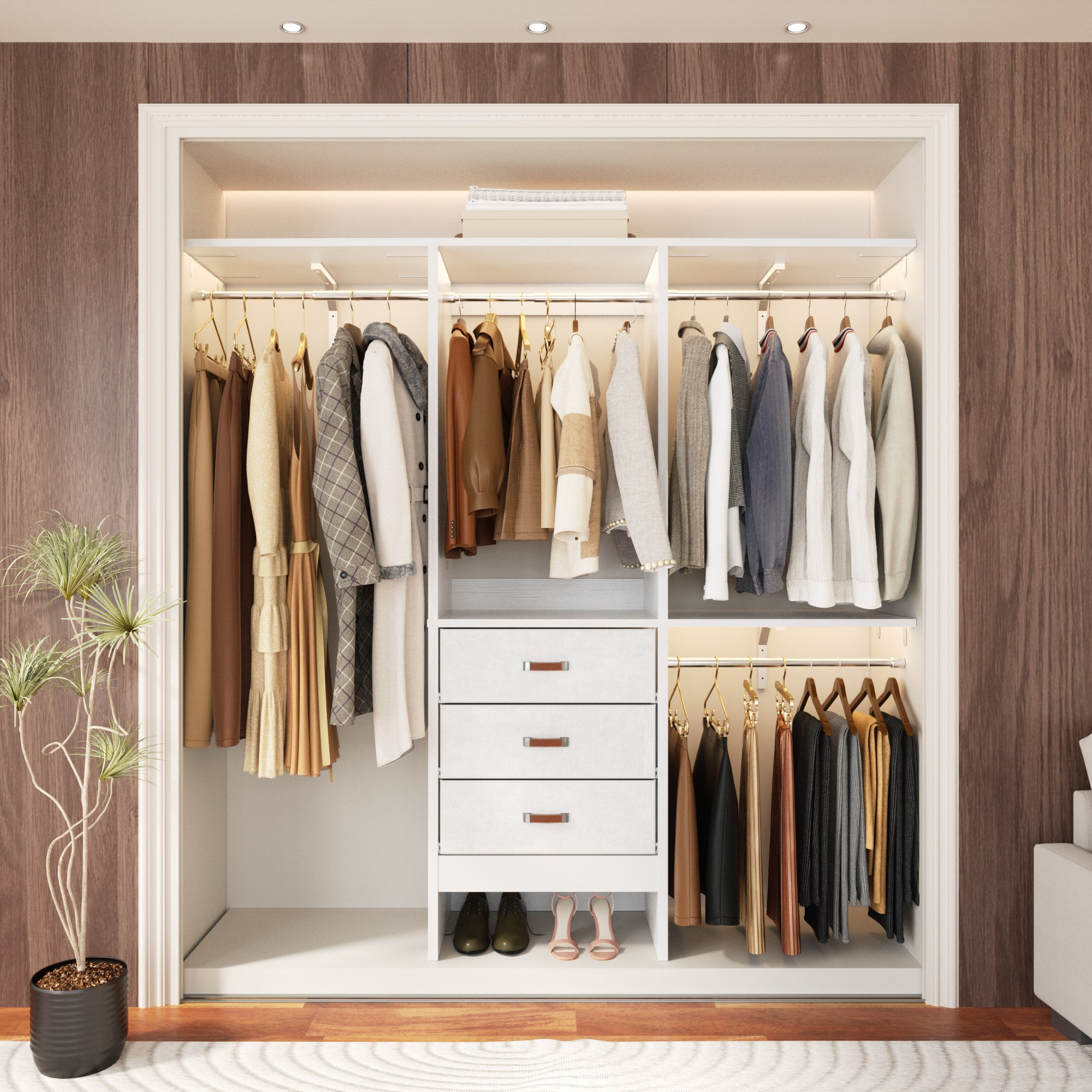 Aheaplus - 60" Walk-in Closet Organizer: 3 Fabric Drawers, 3 Adjustable Shelves, Heavy Duty Garment Rack - 59"L x 16"W x 71"H - White