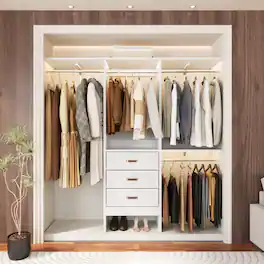 Aheaplus - 60" Walk-in Closet Organizer: 3 Fabric Drawers, 3 Adjustable Shelves, Heavy Duty Garment Rack - 59"L x 16"W x 71"H - White