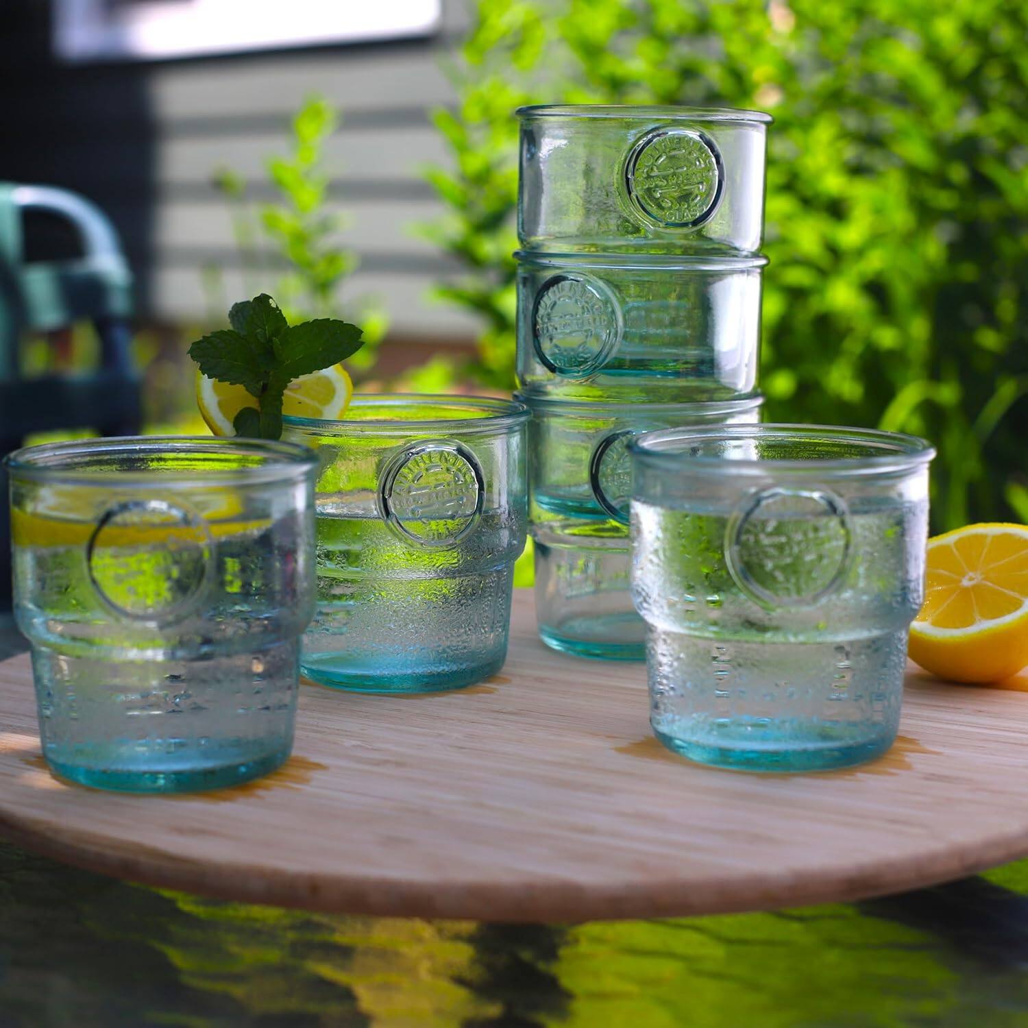 Angle. Euro Ceramica Home - Euro Essential Bara 6 Piece 10 oz Stackable Recycled Glass Tumblers Set - Clear/Green.
