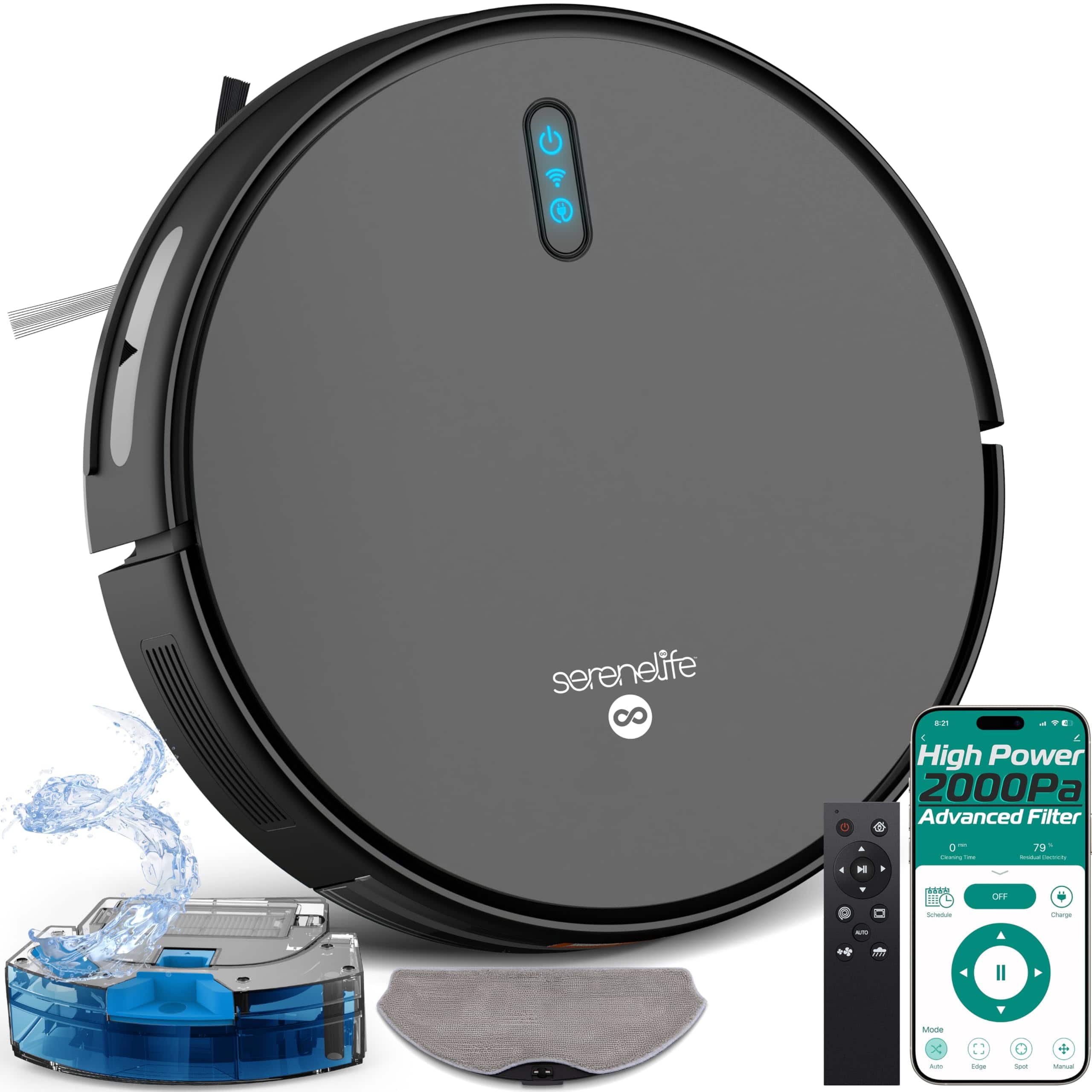 SereneLife - Smart Robot Vacuum and Mop Combo, 2000Pa Suction - Black
