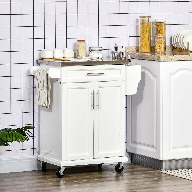 Alt View 2. PULUZ - Kitchen Island on Wheels, Rolling Kitchen Cart with Stainless Steel Countertop, Drawer, Towel Rack and Spice Rack - White.