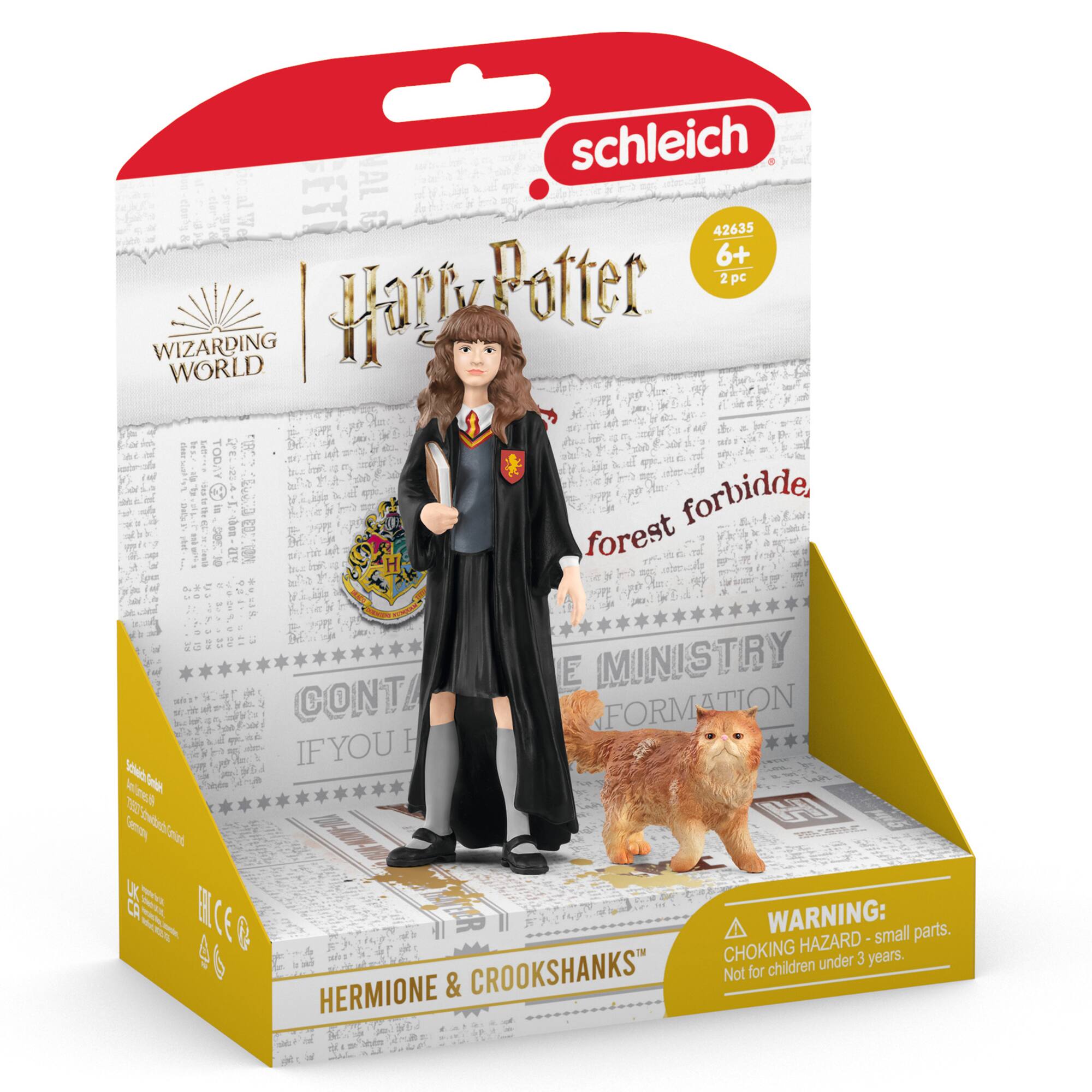 schleich 42635 6+ Potter 2pc WIZARDING WORLD Harry Potter $ is forbidde, an OY forest  E MINISTRY CONTAIN INFORMATION IF YOU H VI inined Teto. THE Camd 162/owiteb/eiet taltabl miat LK Ms CA EL ieke M  HCE& MiR WARNING: HAZARD small parts. B CHOKING under 3 years. CROOKSHANKS Not for children HERMIONE &