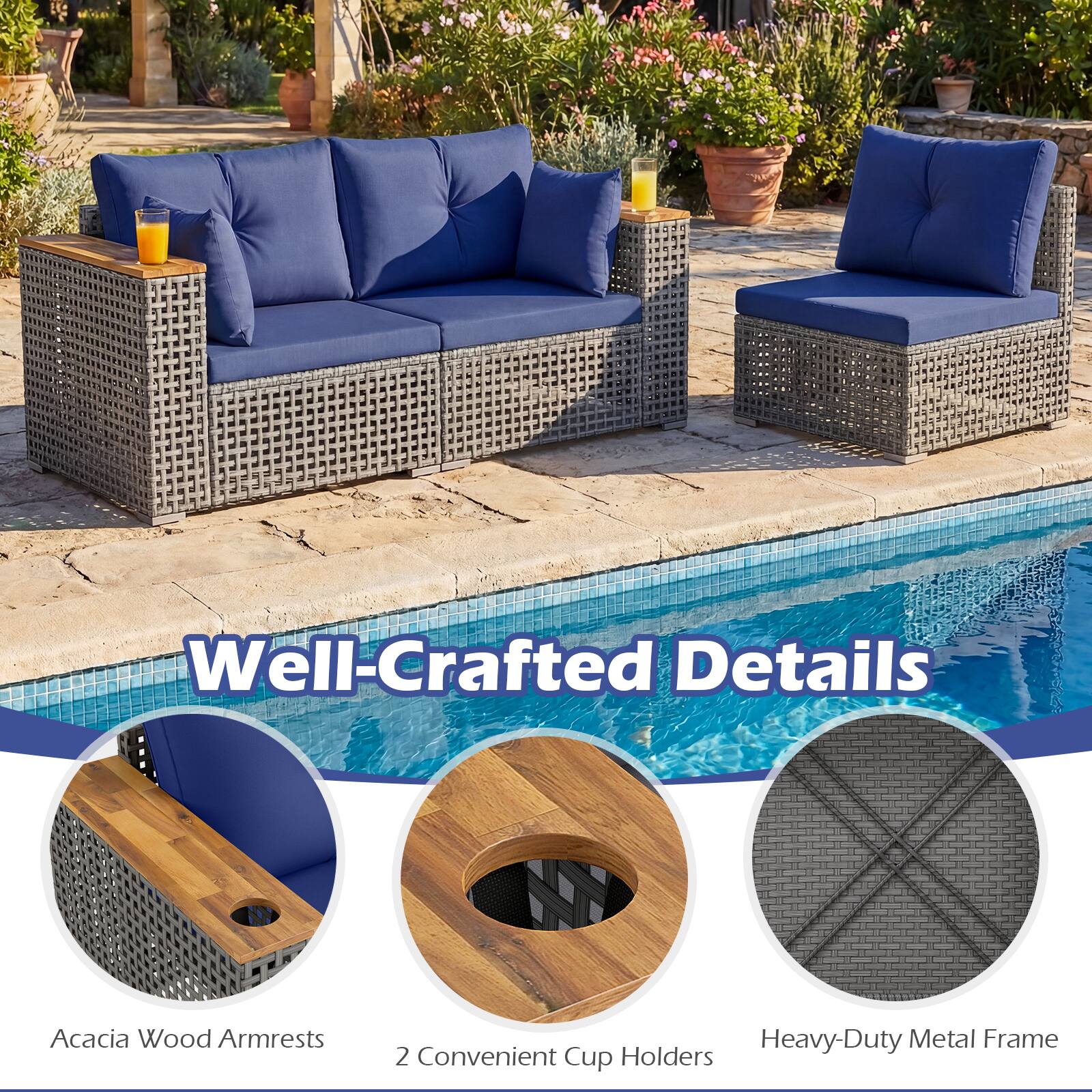Well-Crafted Details

- Acacia Wood Armrests
- 2 Convenient Cup Holders
- Heavy-Duty Metal Frame