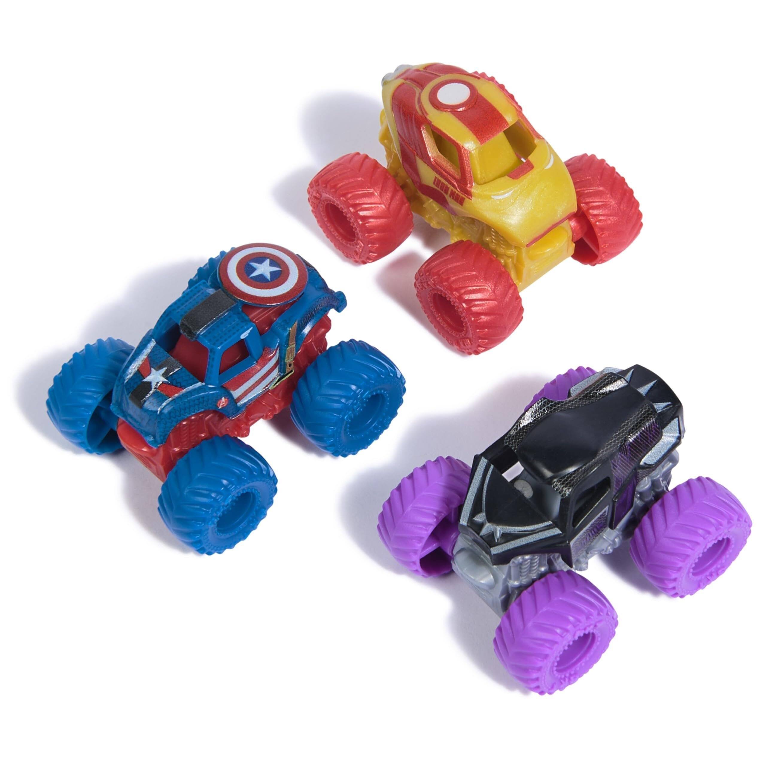 Angle. Monster Jam - Monster Jam Marvel Mini Monster Trucks (Series 1) 3-Pack 1:87 Scale Die-Cast | Black Panther, Captain America & Iron Man - Multi.