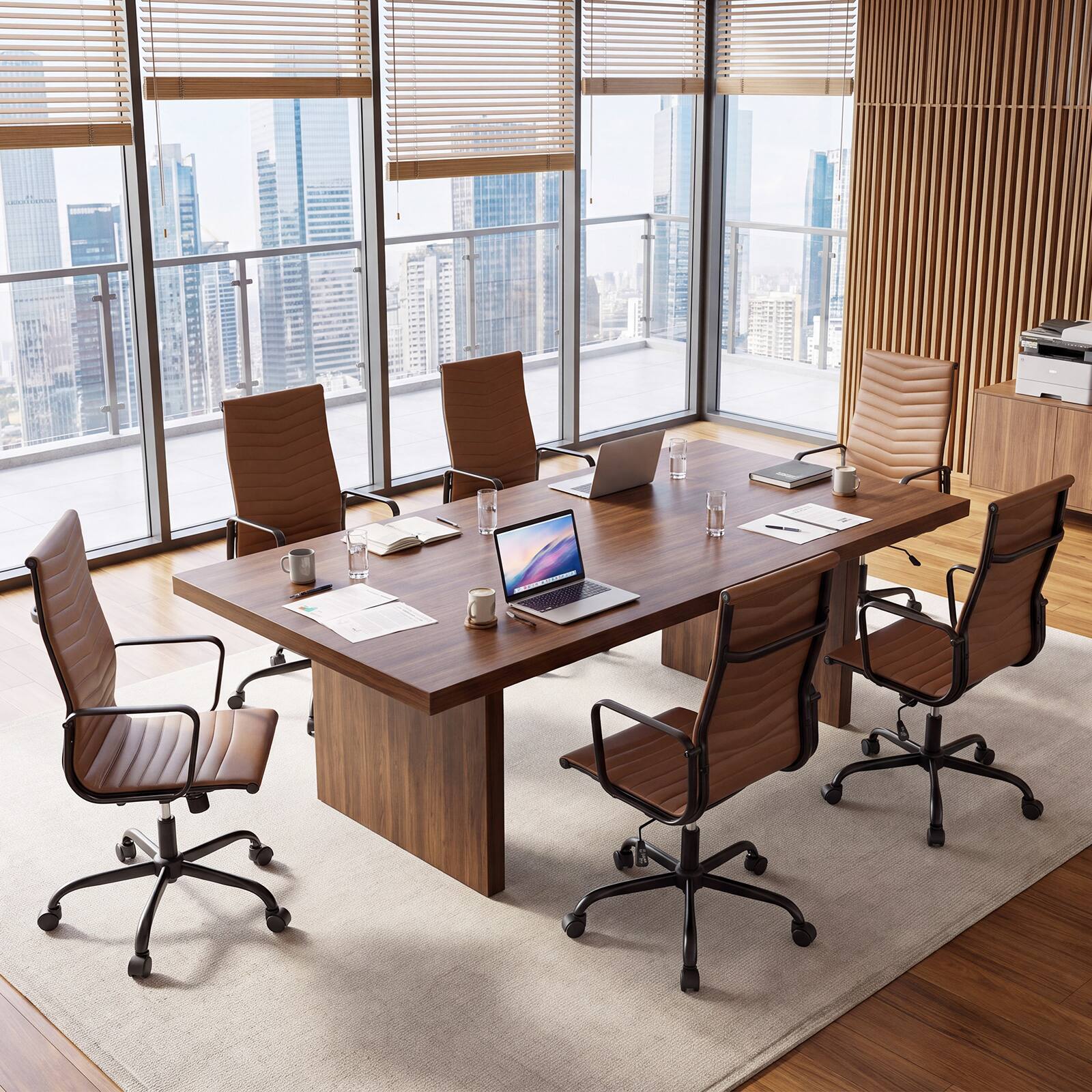 Alt View 4. Costway - Costway Ribbed Office Chair High Back PU Leather with Adjustable Height Armrests for Office - Brown.