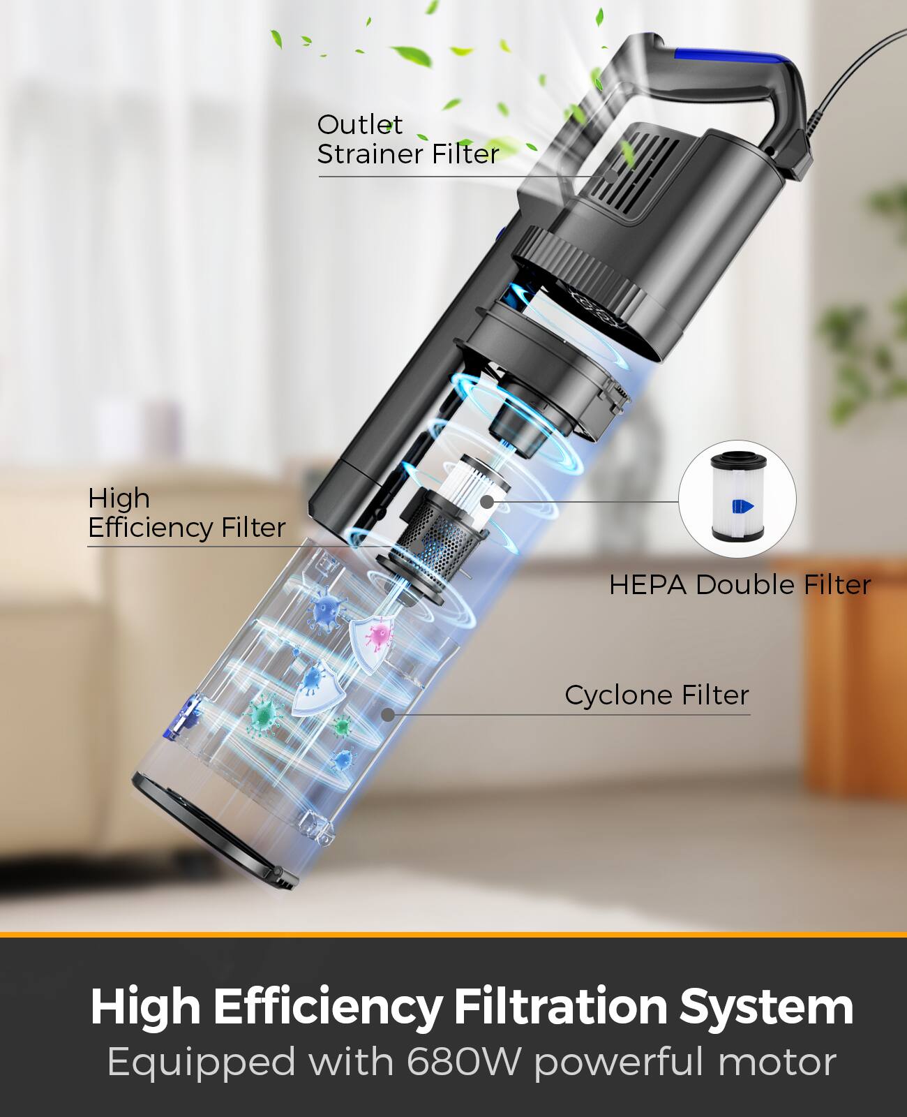 Outlet Strainer Filter

High Efficiency Filter

HEPA Double Filter

Cyclone Filter

High Efficiency Filtration System
Equipped with 680W powerful motor