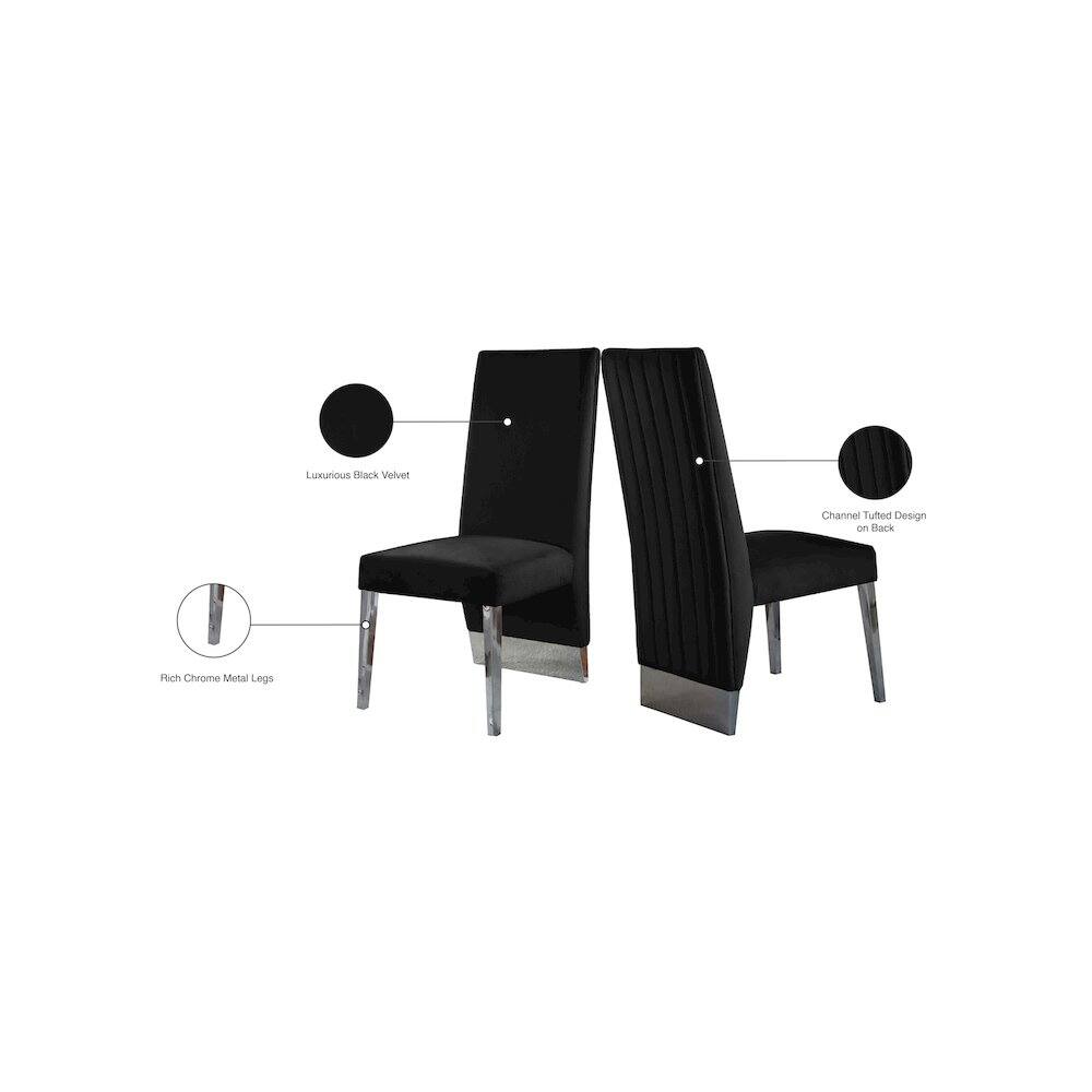 Luxurious Black Velvet  
Channel Tufted Design on Back  
Rich Chrome Metal Legs