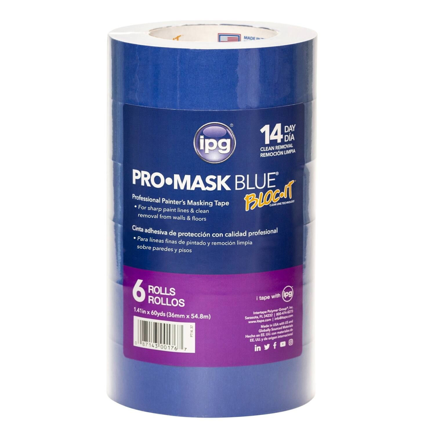 MADE IN USA  
14 DAY CLEAN REMOVAL  
PRO-MASK BLUE  
Professional Painter's Masking Tape  
For sharp paint lines & clean removal from walls & floors  
Cinta adhesiva de protección con calidad profesional  
Para líneas finas de pintado y remoción limpia sobre paredes y pisos  
6 ROLLS ROLLOS  
1.41in x 60yds (36mm x 54.8m)  
i tape with ipg  
Instant Polymer Group  
Sarasota, FL 34232 | 800-404-4279  
www.ipg.com  
Hecho en EE.UU. y México  
Globally Sourced de AN - material Hesho o DE - USA