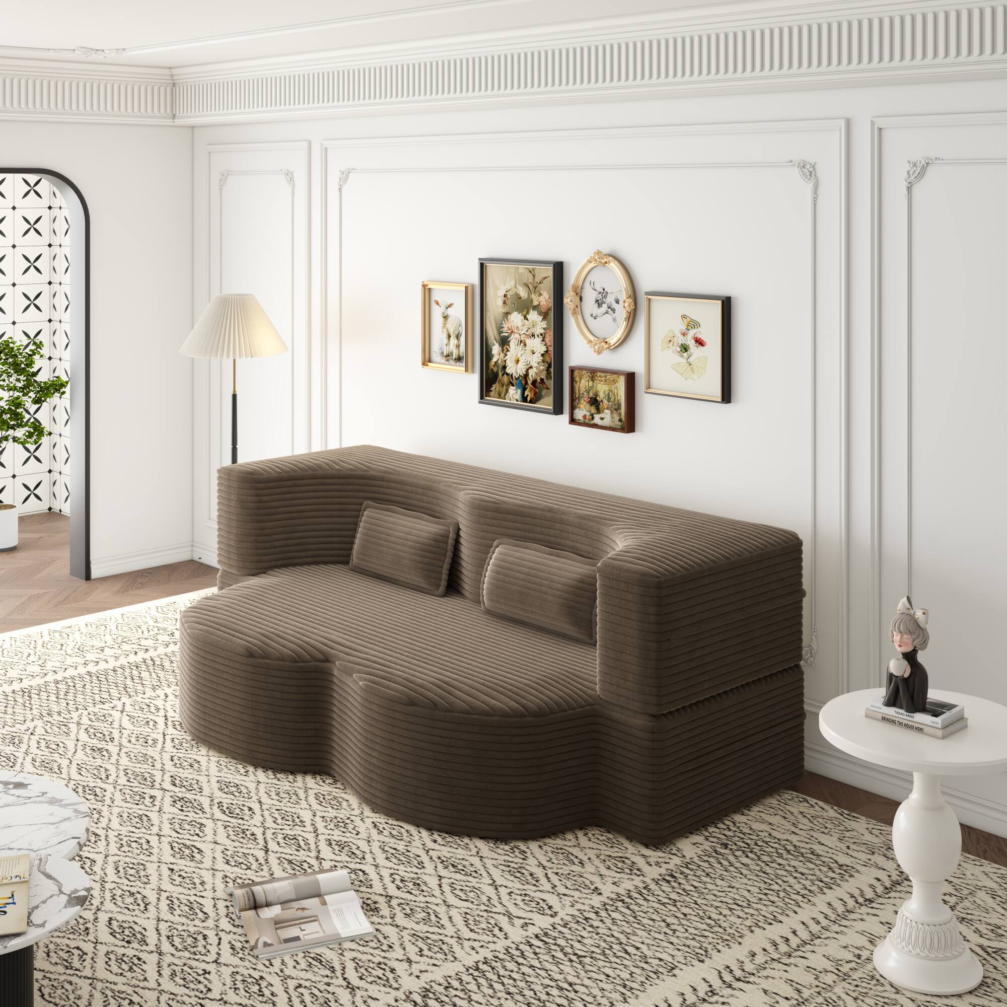 Angle. GOODSILO - Convertible Plush Corduroy Floor Sleeper Sofa with Dual Pillows for Living Room and Guest Use - Coffee.