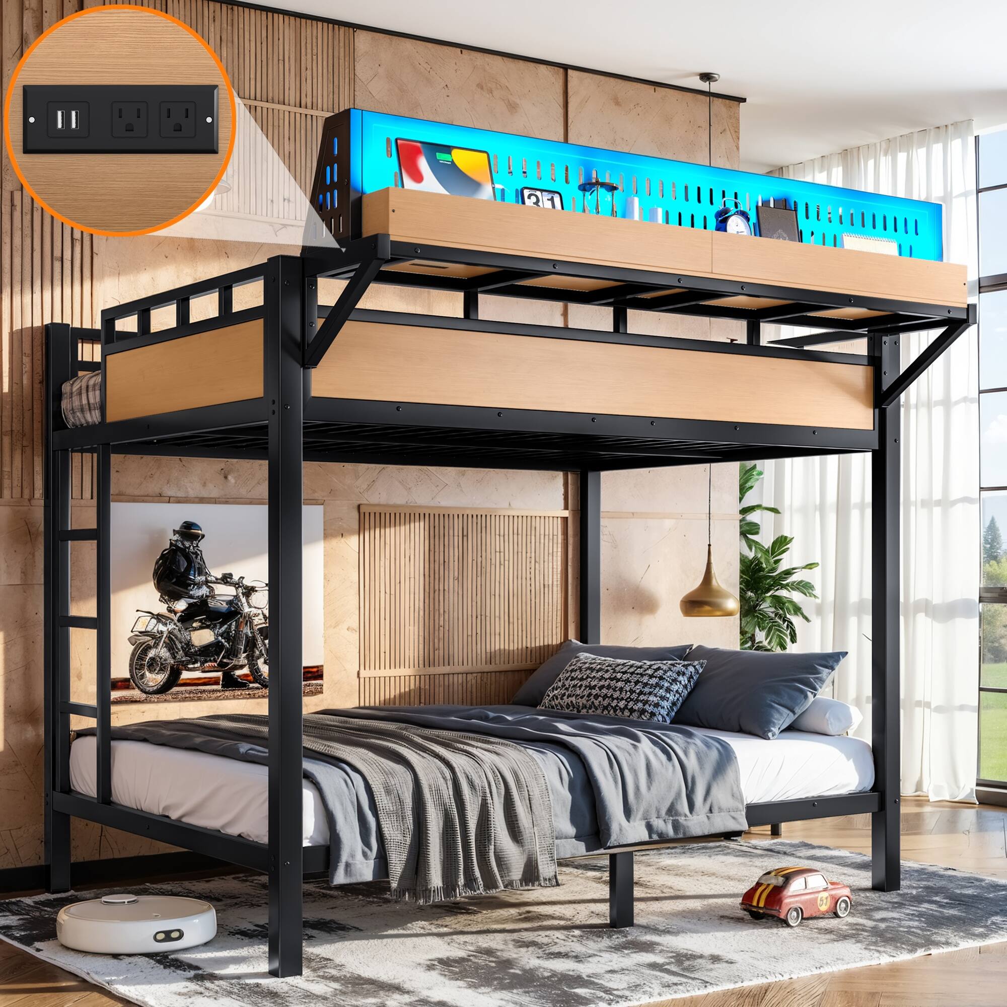 Alt View 2. Boyel Living - Full over Full Size Metal Bunk Bed with Storage Shelves and Pegboard Bunk Bed Frame - Black.