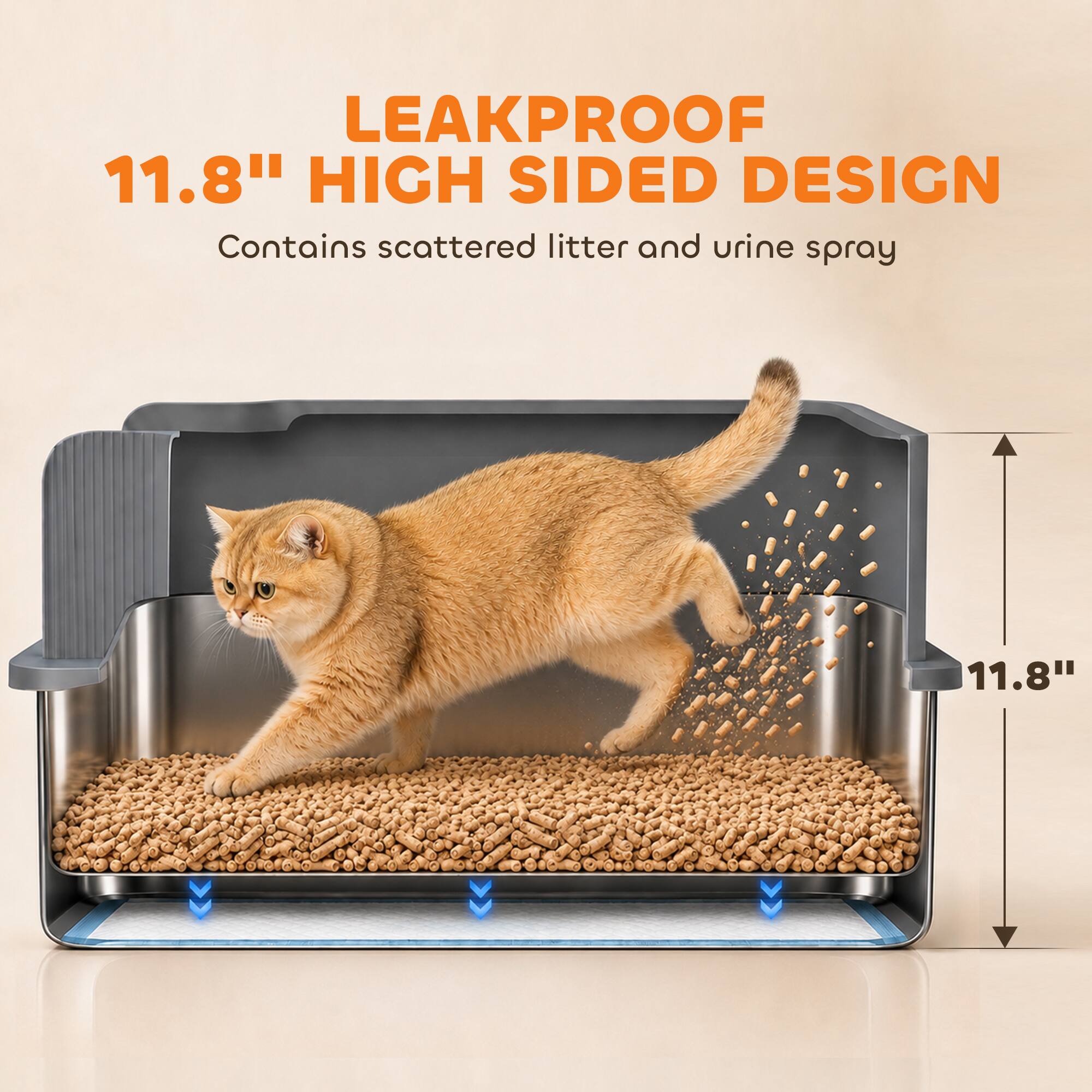 LEAKPROOF 11.8" HIGH SIDED DESIGN  
Contains scattered litter and urine spray