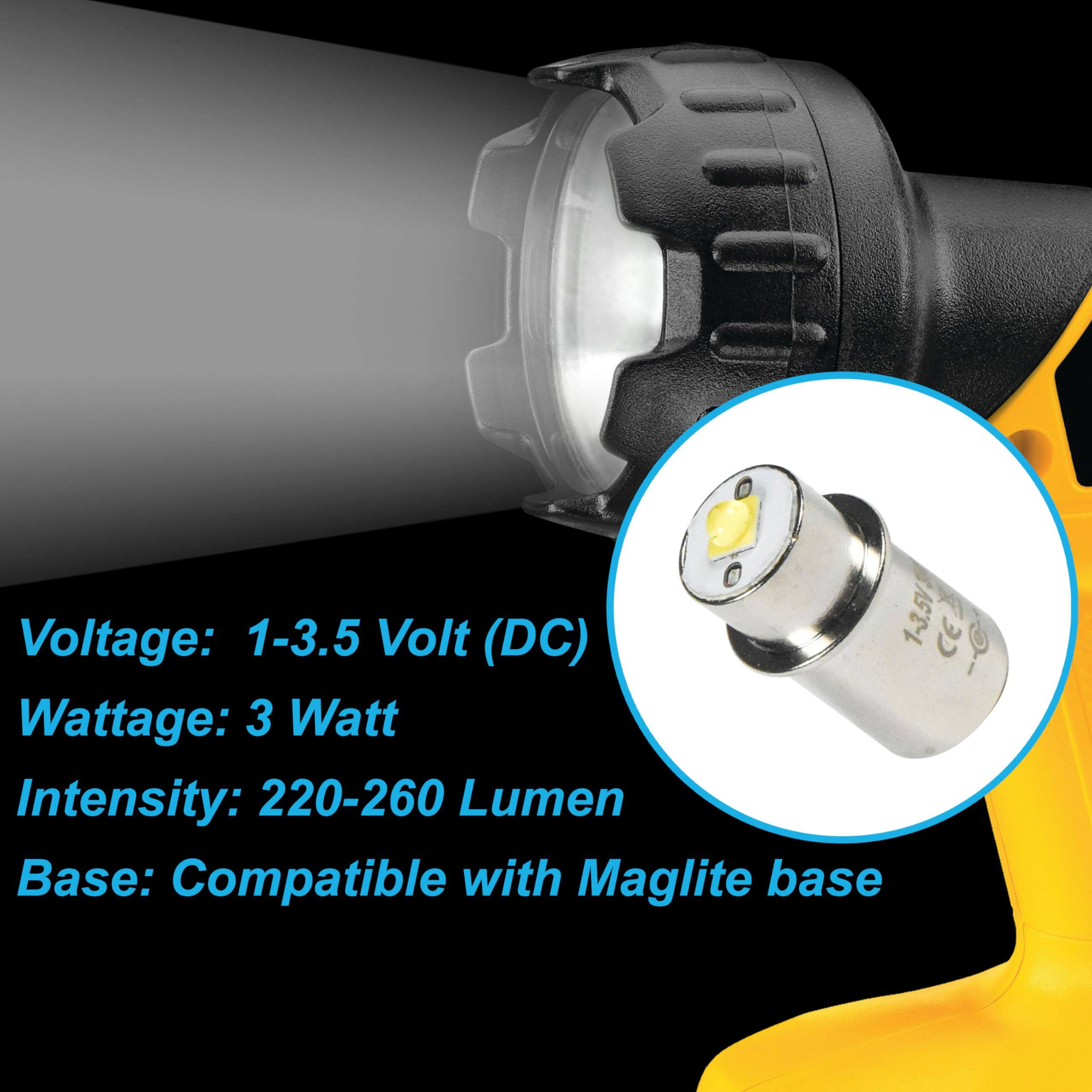Voltage: 1-3.5 Volt (DC)  
Wattage: 3 Watt  
Intensity: 220-260 Lumen  
Base: Compatible with Maglite base