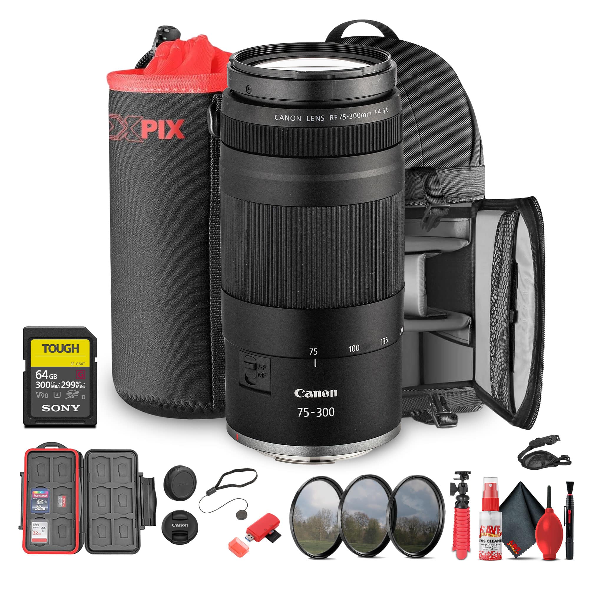 Canon - RF 75-300mm F4-5.6 Lens + 58mm 3 PC Filter Kit + Sling Backpack + More (Bundle) - Black
