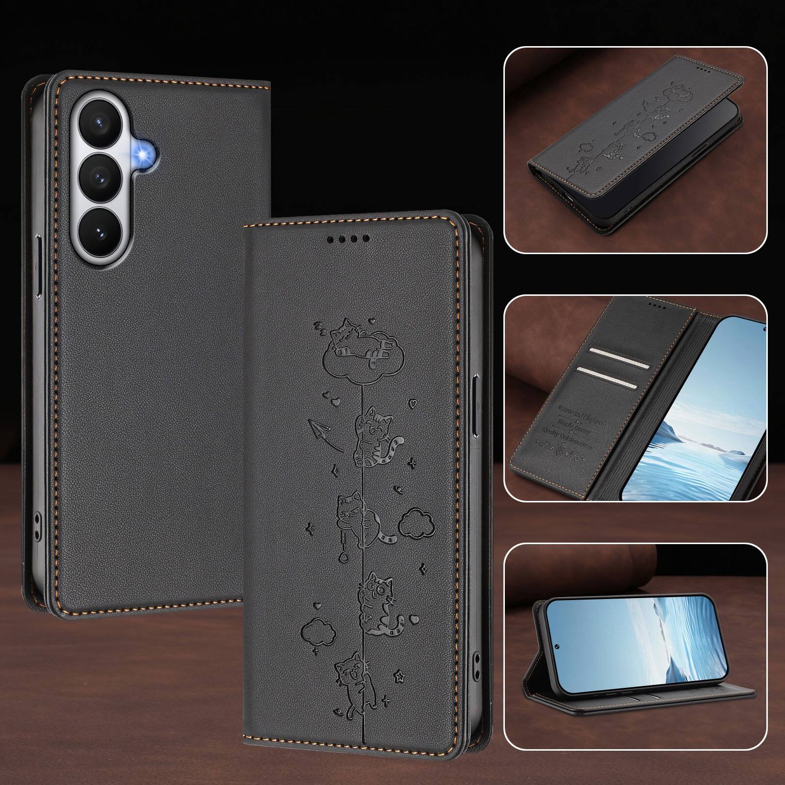 Alt View 5. Dteck - for Samsung Galaxy S26 Shockproof Case,Slim Cute Cat Embossed PU Leather RFID Blocking Wallet Flip Card Holder Cover - Black.