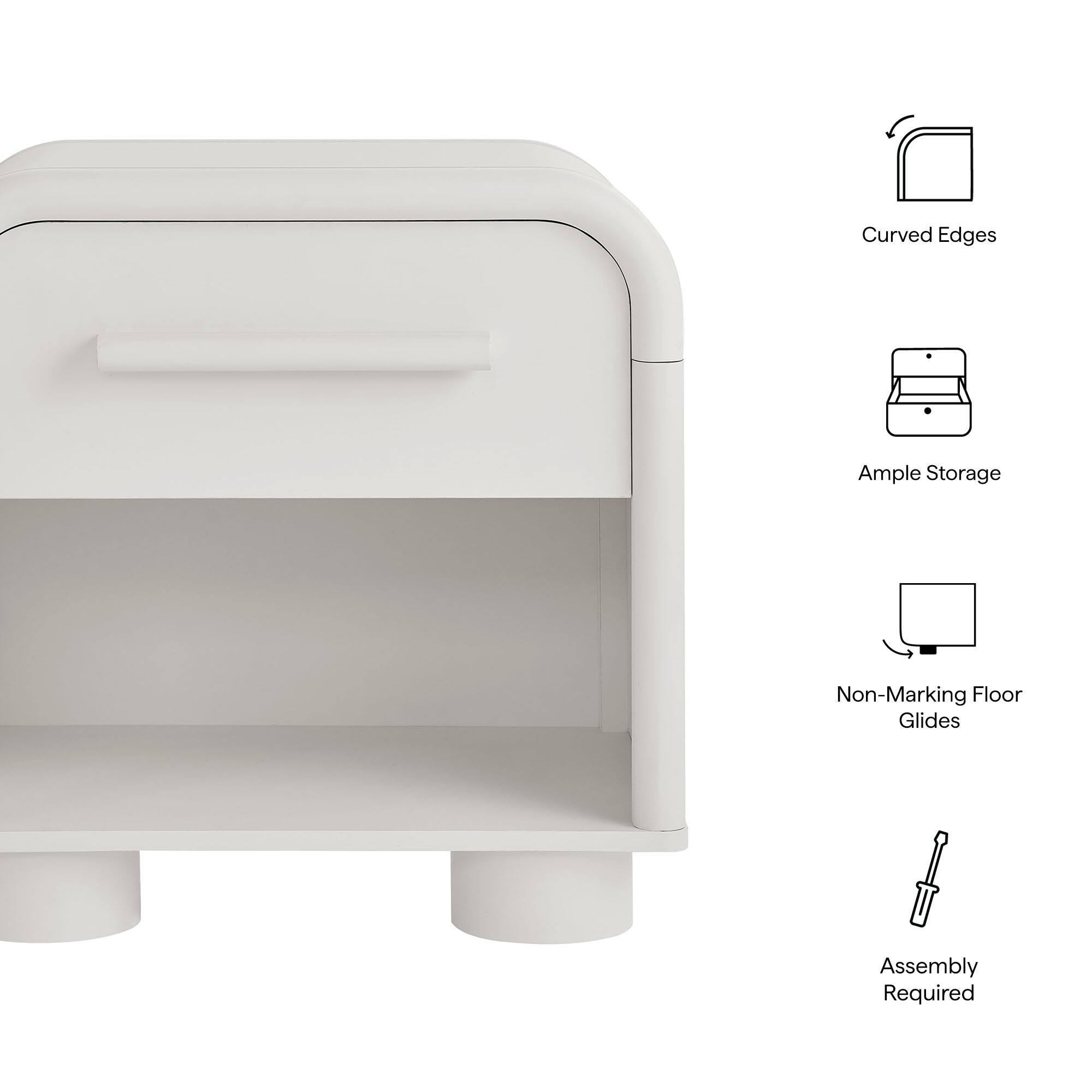 Curved Edges, Ample Storage, Non-Marking Floor Glides, Assembly Required