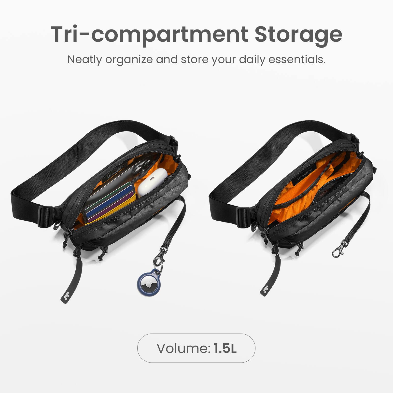 Tri-compartment Storage Neatly organize and store your daily essentials. Volume: 1.5L