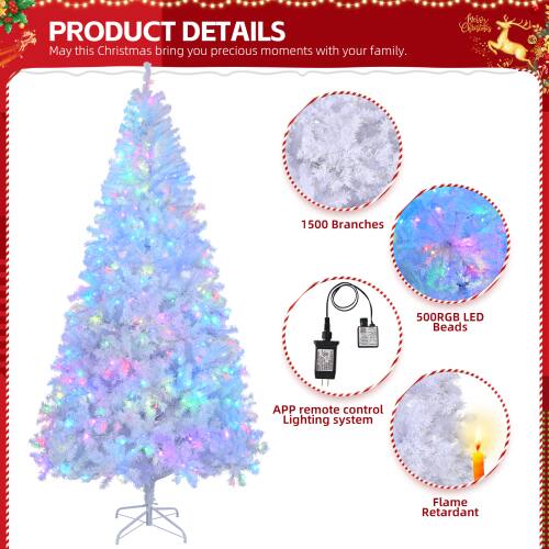 PRODUCT DETAILS  
May this Christmas bring you precious moments with your family.  

- 1500 Branches  
- 500RGB LED Beads  
- APP remote control Lighting system  
- Flame Retardant