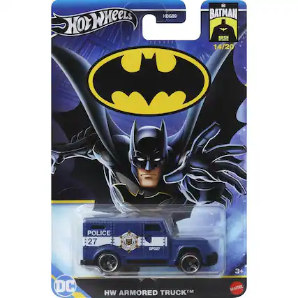Sure, here is the corrected and grouped text from the image:
- **Hot Wheels**
- **HDG89**
- **DC Batman**
- **14/20**
- **POLICE**
- **27**
- **GPD27**
- **HW ARMORED TRUCK™**
- **3+**
- **MATTEL**