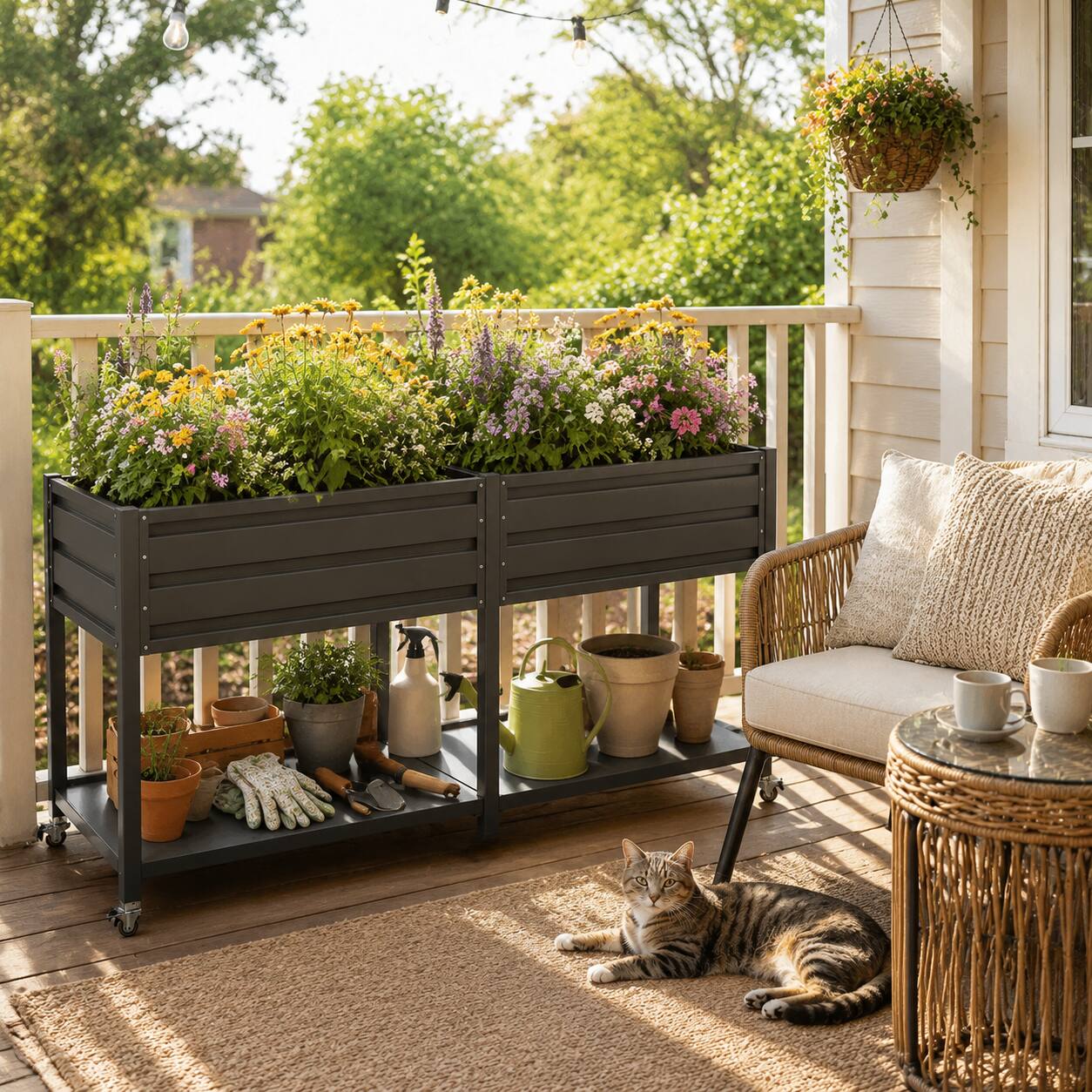Alt View 1. Loheer - Loheer Elevated Raised Garden Bed with Wheels Metal Planter Box Two Tier Patio Rolling Planter with Storage Shelf.
