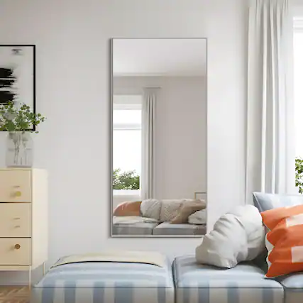 Front. PexFix - Modern Metal Frame Bathroom Mirror, 22x47 in. Rectangle, Wall-Mounted for Vanity & Powder Room - Silver.