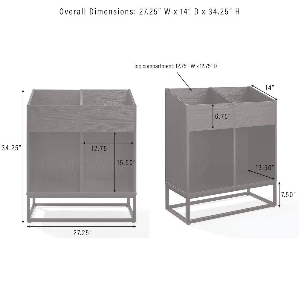 Overall Dimensions: 27.25" W x 14" D x 34.25" H  
Top compartment: 12.75" W x 12.75" D  
14"  
6.75"  
34.25"  
12.75"  
15.50"  
13.50"  
7.50"  
27.25"