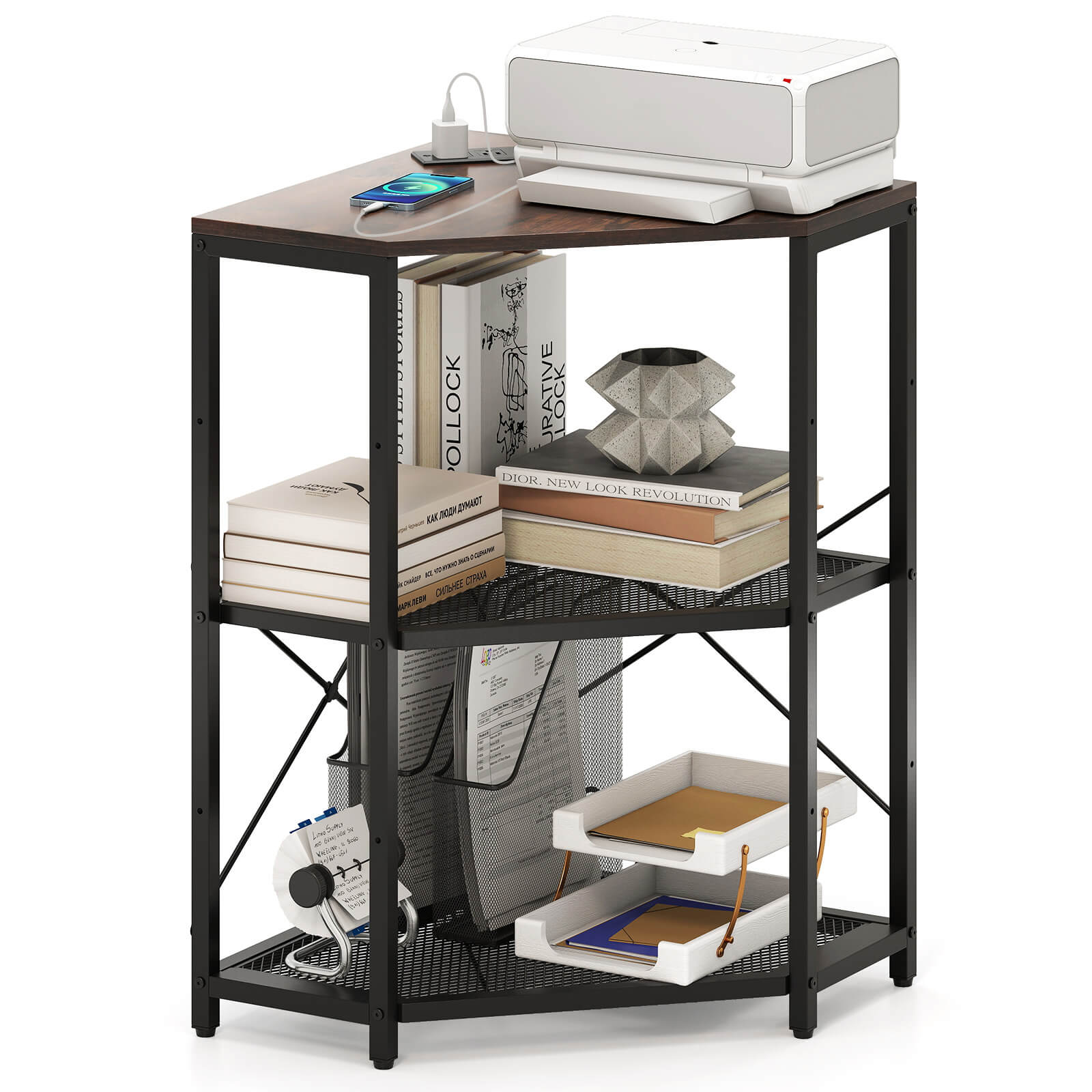 Costway - Corner Printer Stand with Charging Station Adjustable Metal Mesh Shelf - Brown